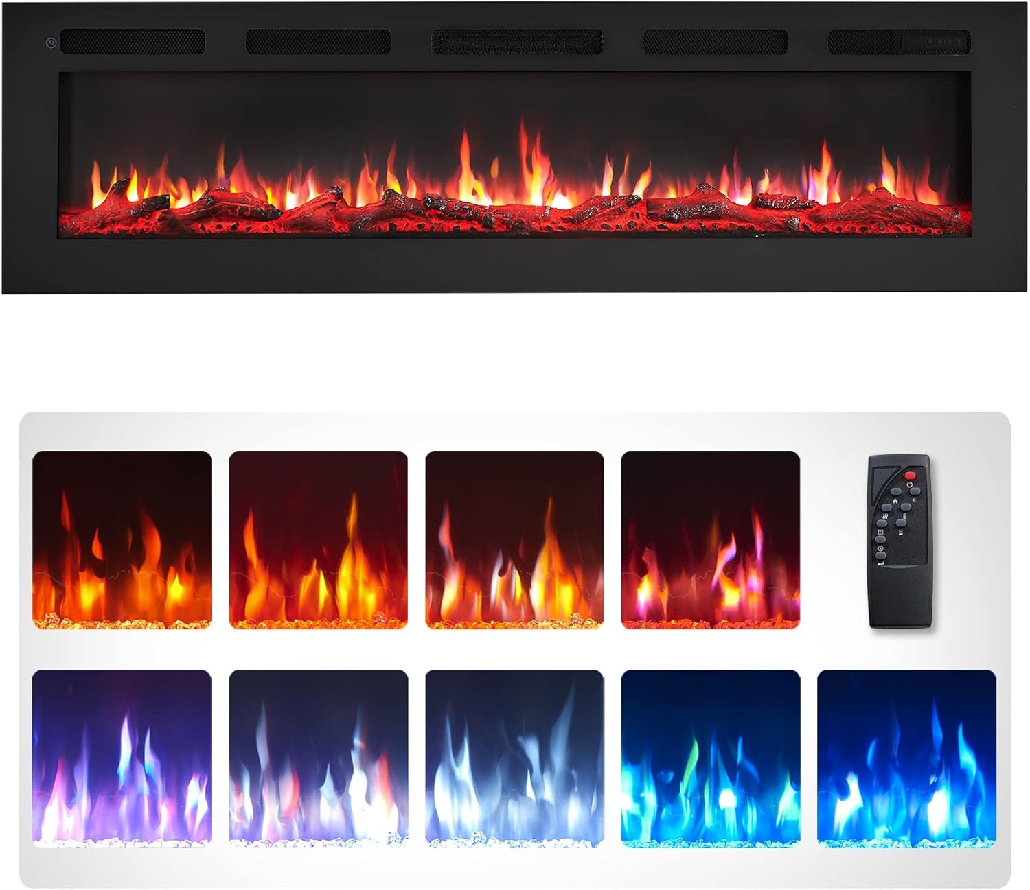 FlameKo Wilton 60"/152cm Electric Fireplace, Wall Mounted, Recessed, 9 Colour Flame Effect, Media Wall Compatible, 900W - 1800W Heater, Remote Control