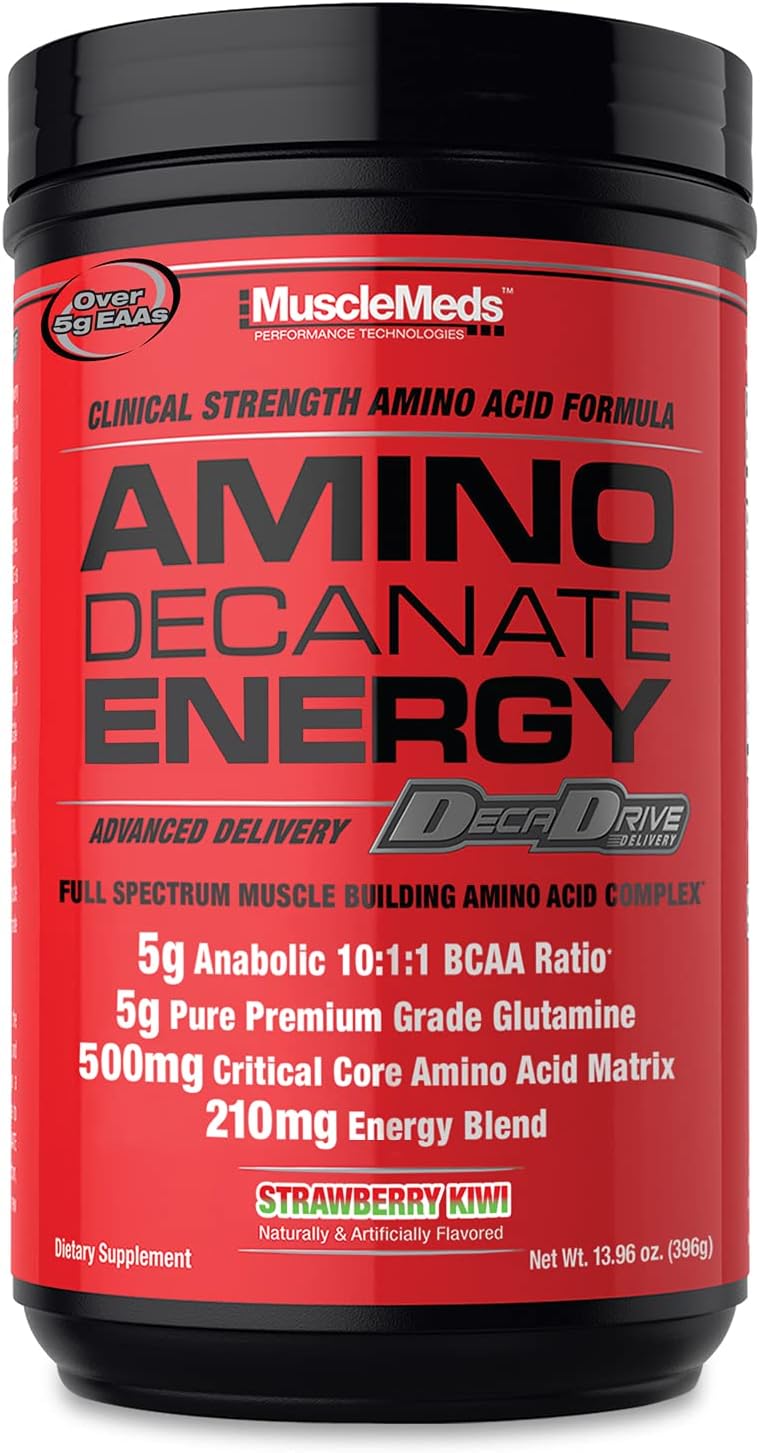 MuscleMeds Amino DECANATE Energy, Pre, Intra Workout Drink, Essential Amino Acids, BCAAs, High Leucine, Glutamine, Muscle Recovery, Strawberry Kiwi, 30 Servings