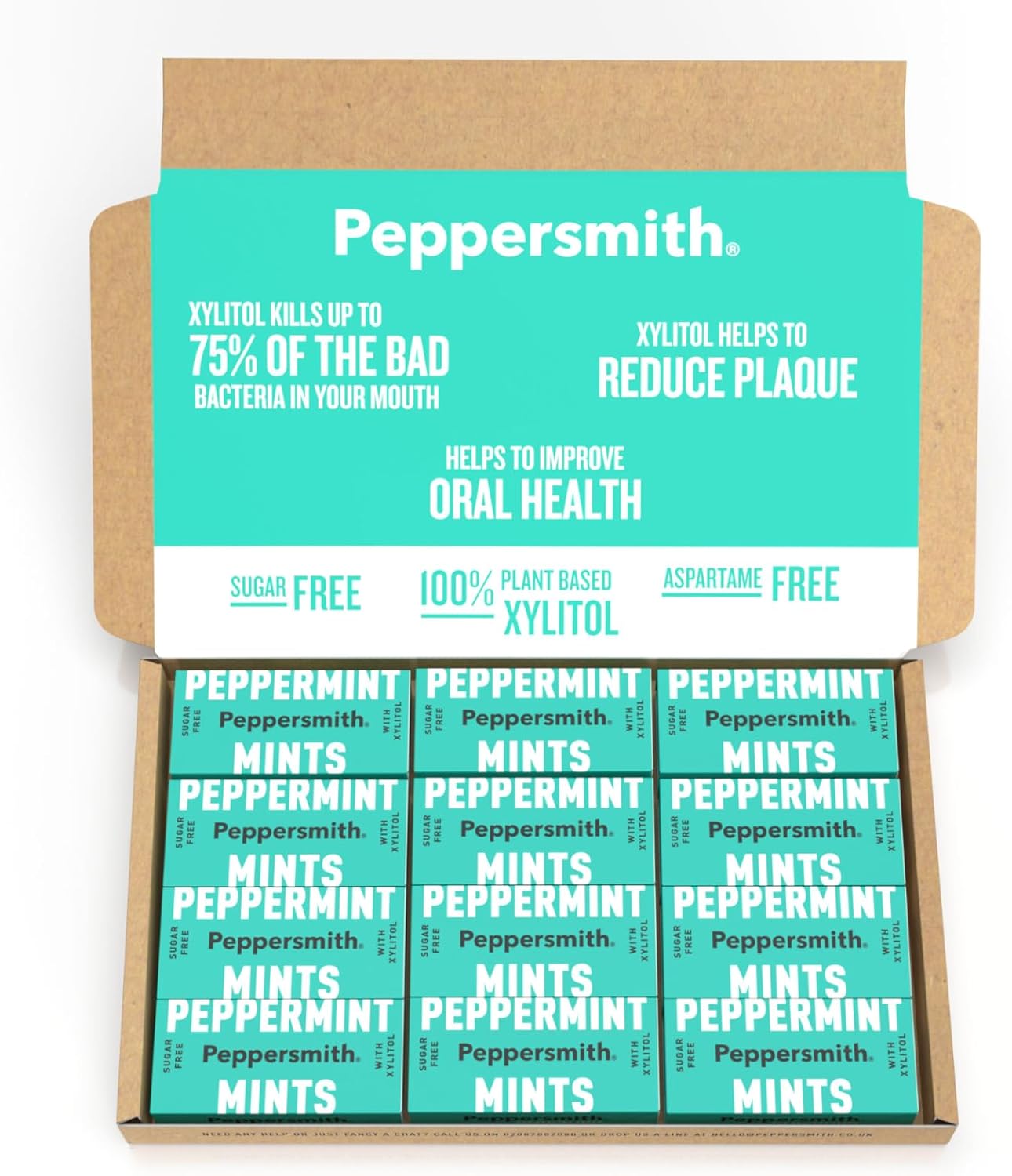 Peppersmith - British Peppermint Mints - 100% Plant Based Xylitol - Breath Freshener - Sugar Free Mints - Benefits Oral Health - Pocket Packs - 12x15g