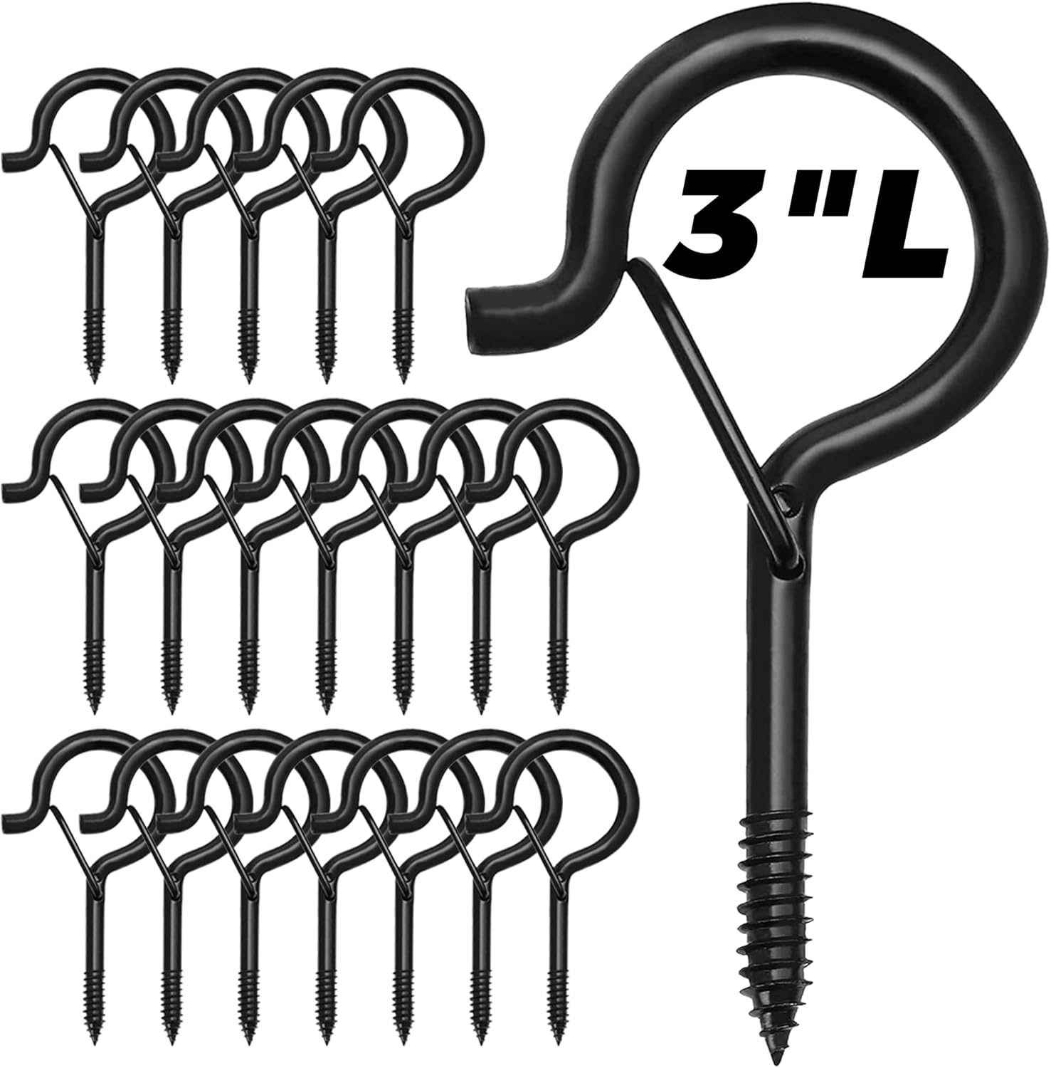Ansxiy 20 PCS 3 inches Q-Hanger Hooks with Safety Buckle, Screw Hooks for Outdoor String Lights, Ceiling Hooks for Hanging Plants, Black