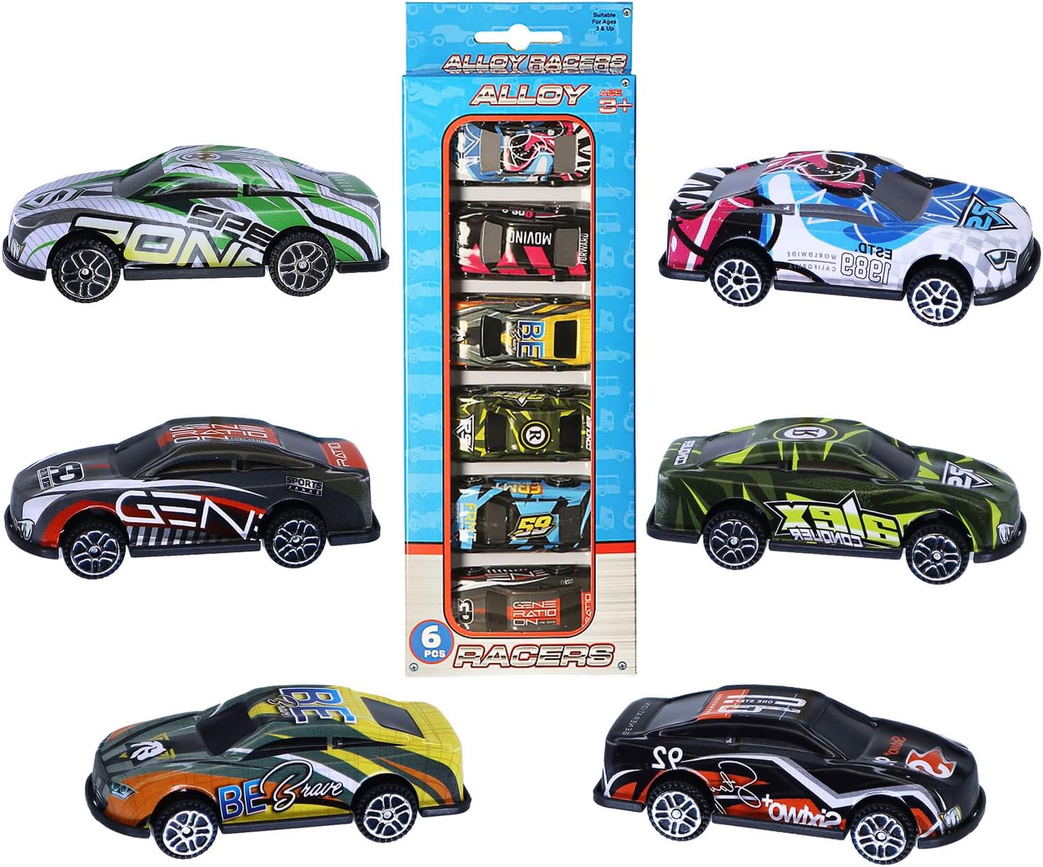 Navoys Pack of Six Alloy Racers Toy Car Set - Free Wheel Plastic Mini Racing Sports Model Cars for Kids, Playset Collection, Great for Cake Toppers, Random Colours