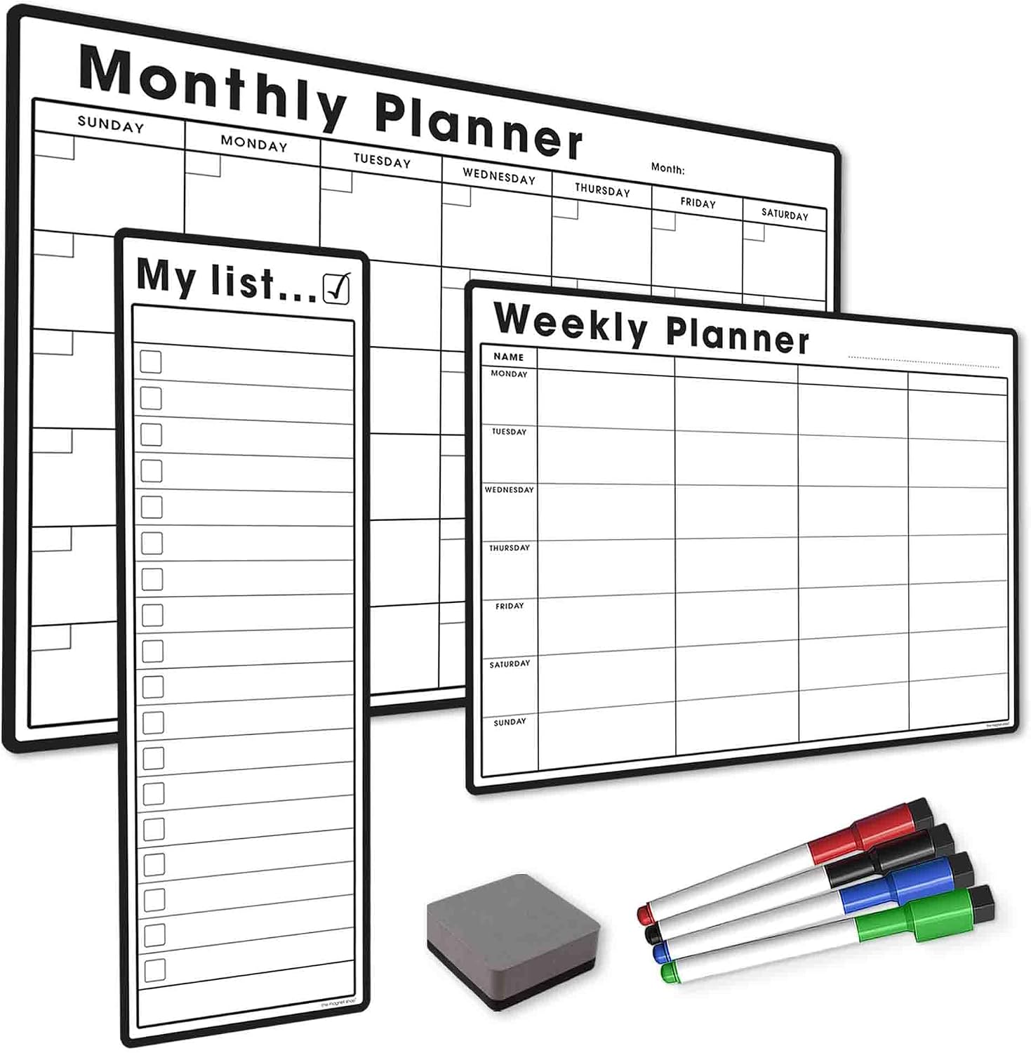 TMS Weekly Planner Bundle #1 | Magnetic Whiteboard Planner Dry Erase Set, 5 Pack | A4 Weekly Planner, S3 My List, A3 Monthly Calendar | 4 Dry Wipe Marker Pens, Eraser (White, Bundle 1)