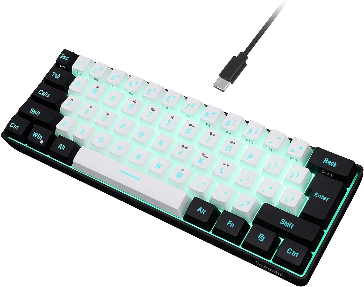 Snpurdiri 60% Wired Gaming Keyboard, 61 Keys, Black-White