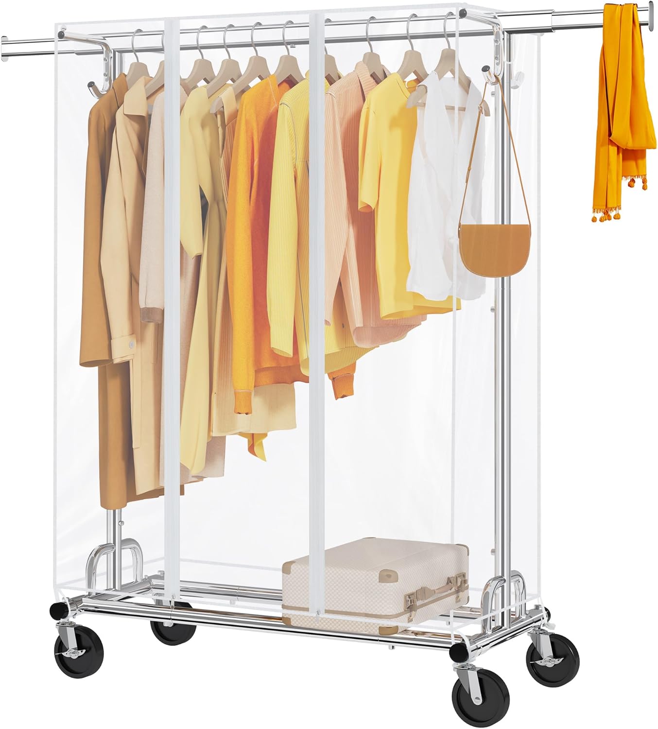 Tajsoon Clothes Rack with Cover, Heavy Duty Clothing Rack with Sturdy Wheels Load 350 LBS, Rolling Garment Racks with Extendable Hanging Rod & 4 Hooks, Chrome