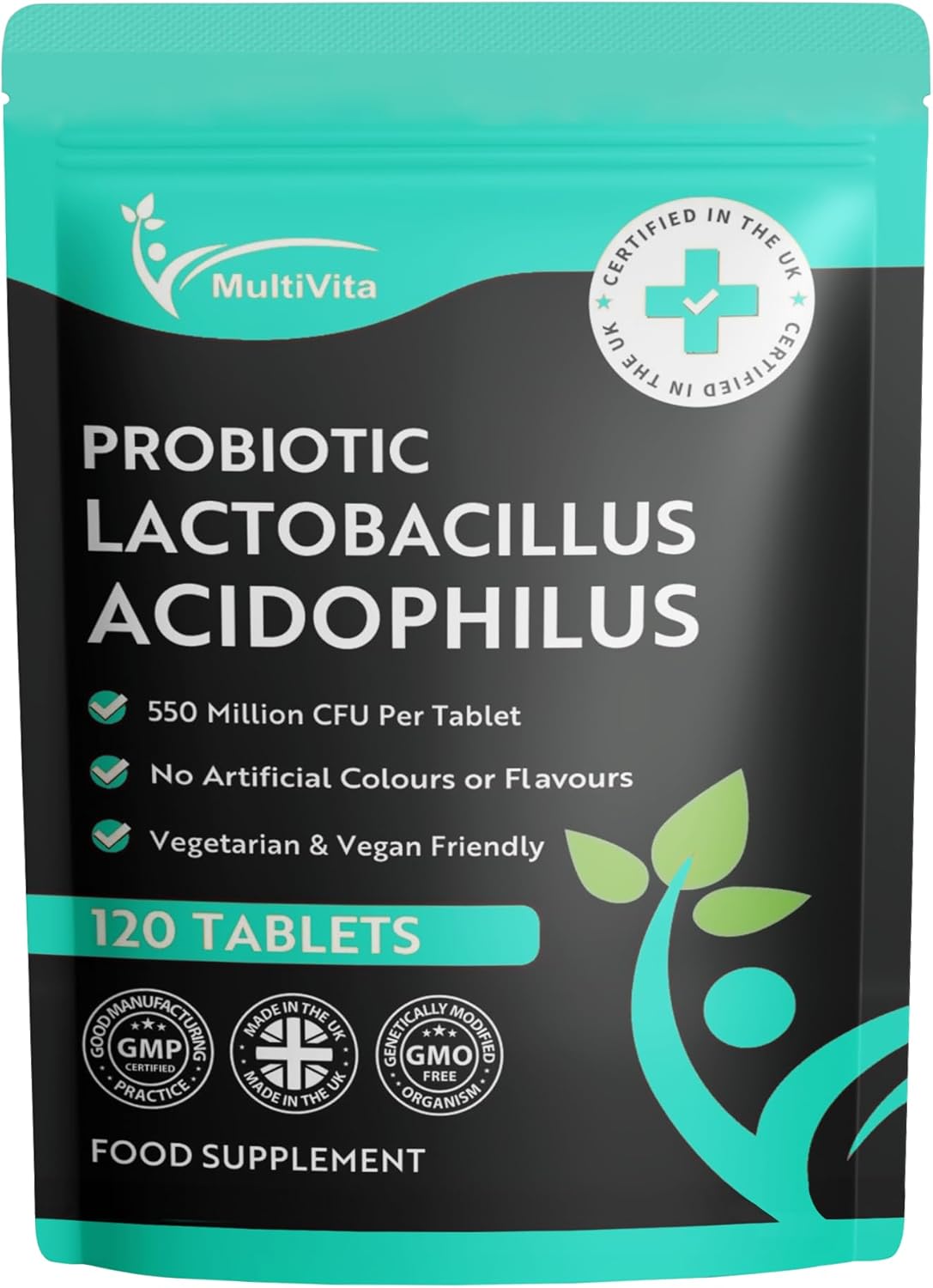 Acidophilus Lactobacillus Probiotic - 120 x 550 Million CFU Tablets - Supports Healthy Gut Microbiome & Digestion System - Reduce Bloating - Probiotic Supplements for Men & Women - Vegan and GMO Free