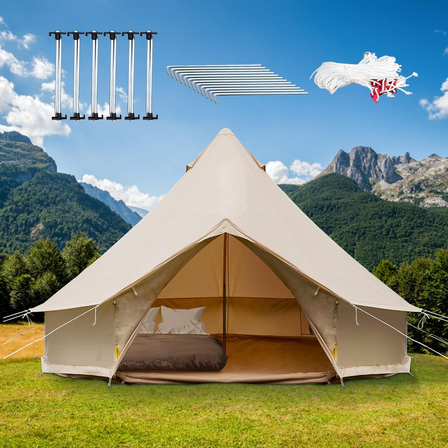Happybuy Canvas Bell Tent, 4 Seasons Breathable 100% Cotton Canvas Yurt Tent - w/Stove Jack, Luxury Glamping Tent Waterproof Canvas Tents for Family Camping Outdoor Hunting Party