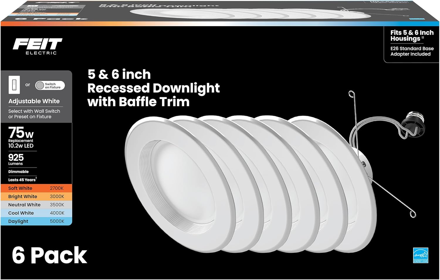 Feit Electric LED Downlight Retrofit Kit with Baffle Trim, 75W Equivalent, 5/6-Inch Dimmable Recessed Can Light, Adjustable White 2700K-5000K, 90+ CRI, 50,000-Hour Lifetime, LEDR56B/6WYCA/MP/6