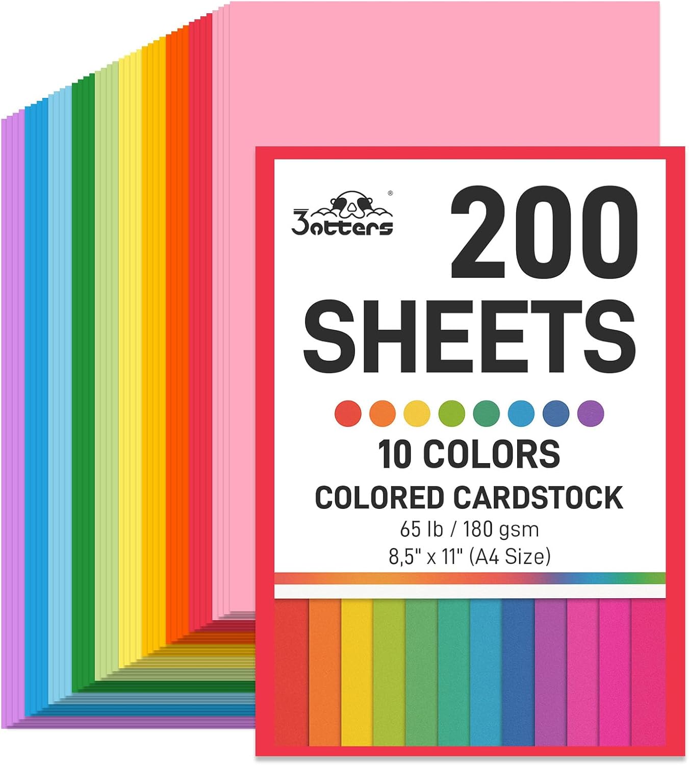 3 otters 200Sheets Construction Paper, Cardstock 8.5" x 11 ", 10 Assorted Colors Card Stock Printer Paper 65 lb/180 GSM, for Printing, DIY Craft, Kids School Supplies, Back to School, Party Decoration
