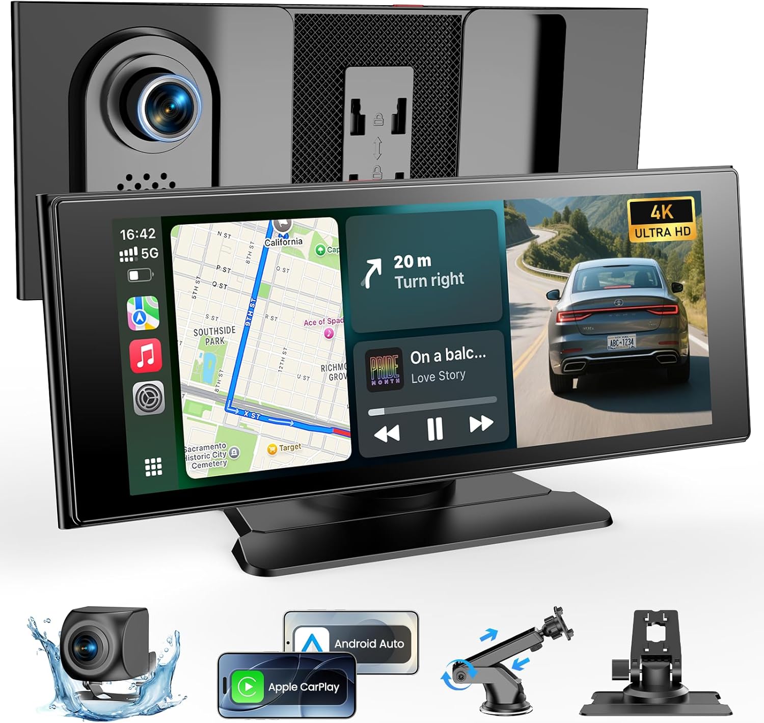 WonVon Wireless Car Play Screen, 10.26'' Monitor with Apple Carplay & Android Auto, 4K Dash Cam 64G, 1080P Backup Camera, Portable Smart Touch Tablet Stereo Multimedia Dashboard, Bluetooth/FM/GPS/AUX