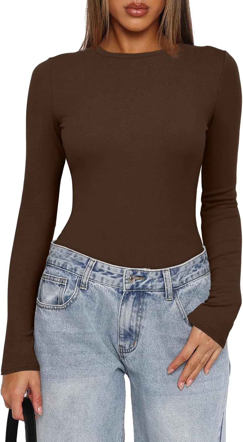 Darong Women's Long Sleeve Bodysuits Crew Neck Body Suits 2024 Basic One Piece Bodysuit Tops