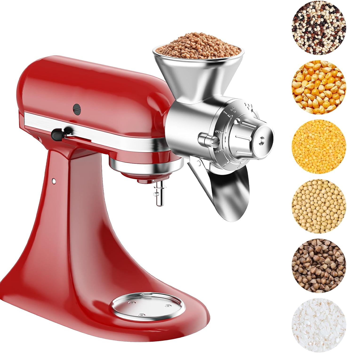 Grain Mill Attachment for Kitchenaid Stand Mixer, All Metal 9 Levels Flour Mill for Kitchenaid, Suitable for Fully Dried Low-Moisture, Low-Oil Grains, Grain Corn, Millet, Wheat and Cereals