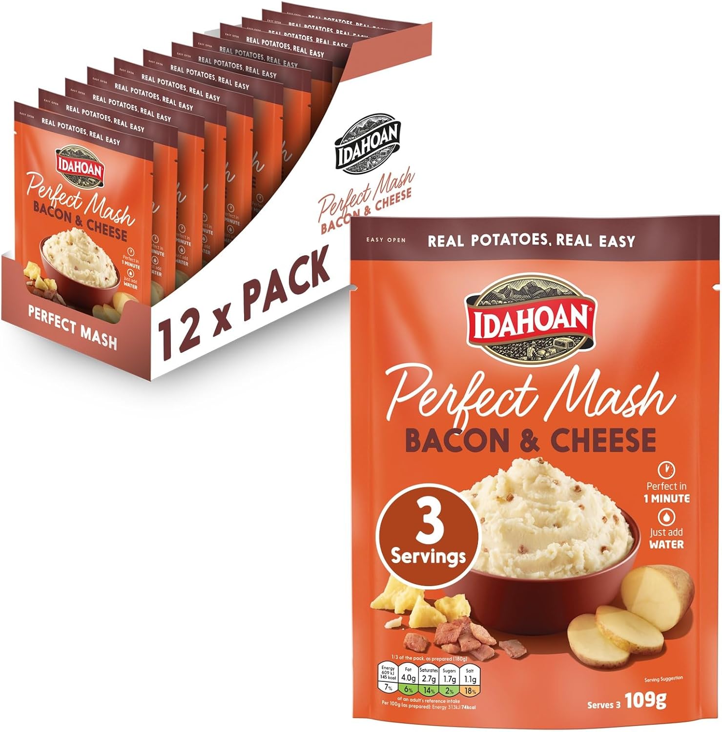 Idahoan Perfect Mash Cheese & Bacon, Instant Mash Potato, 109 g, Pack of 12, 29700921484