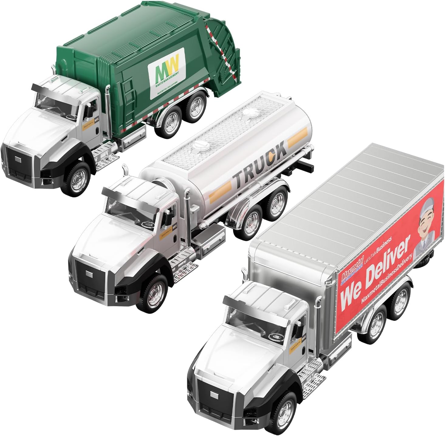 TEMI 3 Pack of Diecast City Transport Vehicles, Garbage, Tanker, Express Delivery, 1/50 Scale Metal Collectible Models With Opening Doors for Boys and Girls