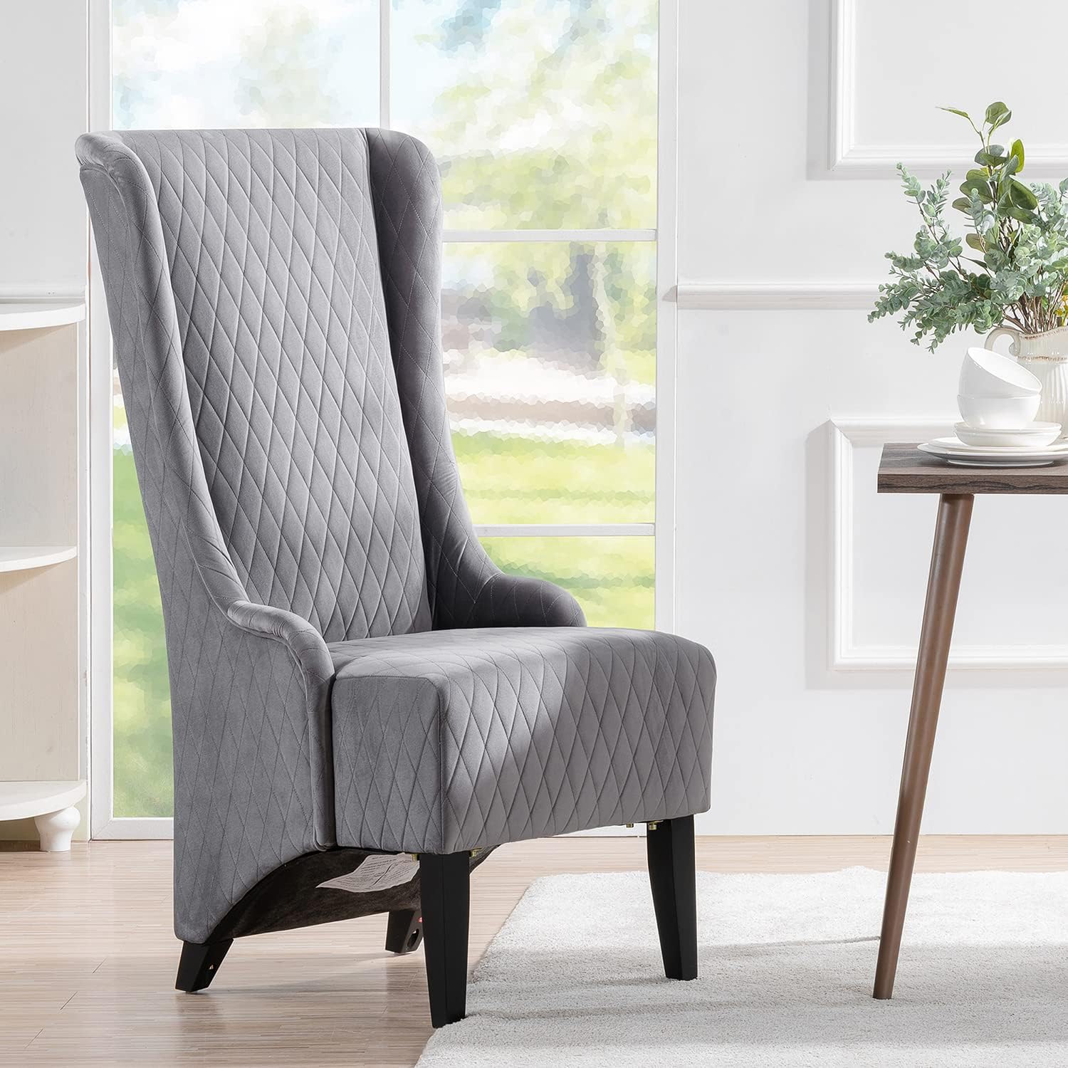 Grey Fabric Tufted High Wing Dining & Living Room Chairs - Quilted Accent, 23" Wide Wing Side Corner Chair, Thicken Sitting, Upholstered Throne Chair (Gray)