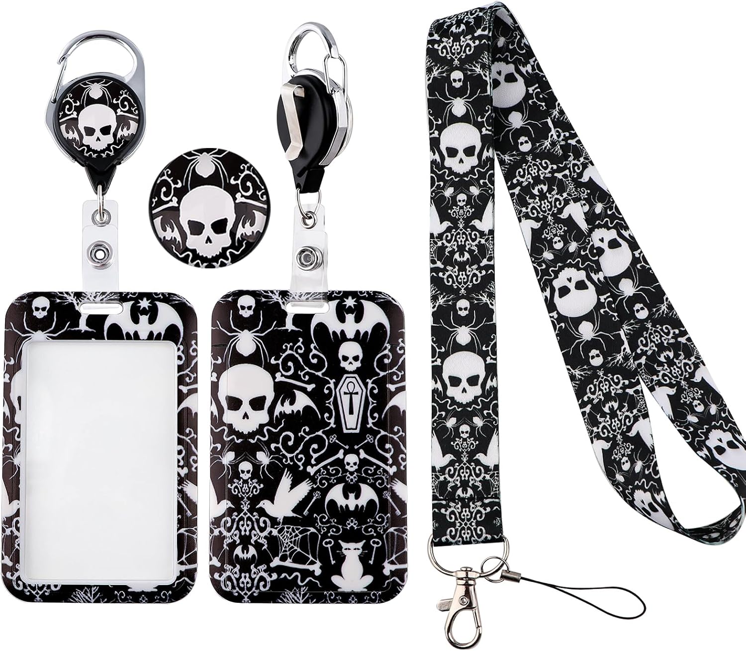 Skull Lanyard ID Badge Card Holder with Retractable Badge Reel Carabiner Clip Neck Strap Key Lanyard Plastic Case Name Pass Sliding Badge Holder