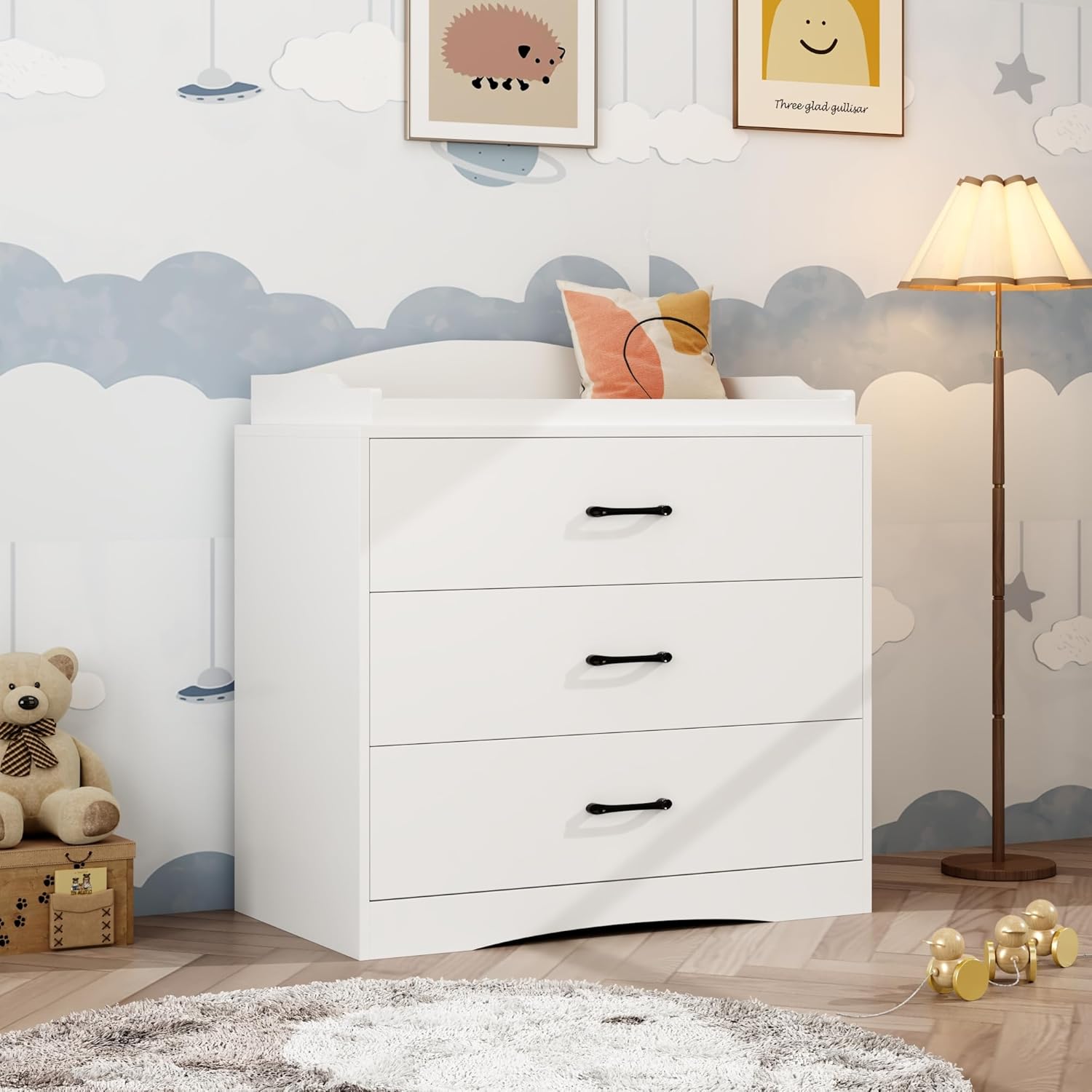 3 Drawer Nursery Dresser, Baby Dresser with Changing Topper, Small Dresser for Infant Diaper Storage, Changing Station for Nursery and Kids Bedroom, White (35.4" W x 19.7" D x 35.4" H)