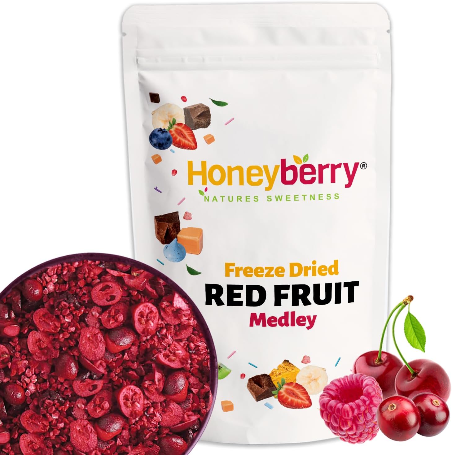 Freeze Dried Fruit Blend - Red Fruit Medley 100g - Raspberry Pieces, Sour Cherry Slices, Cranberry Slices