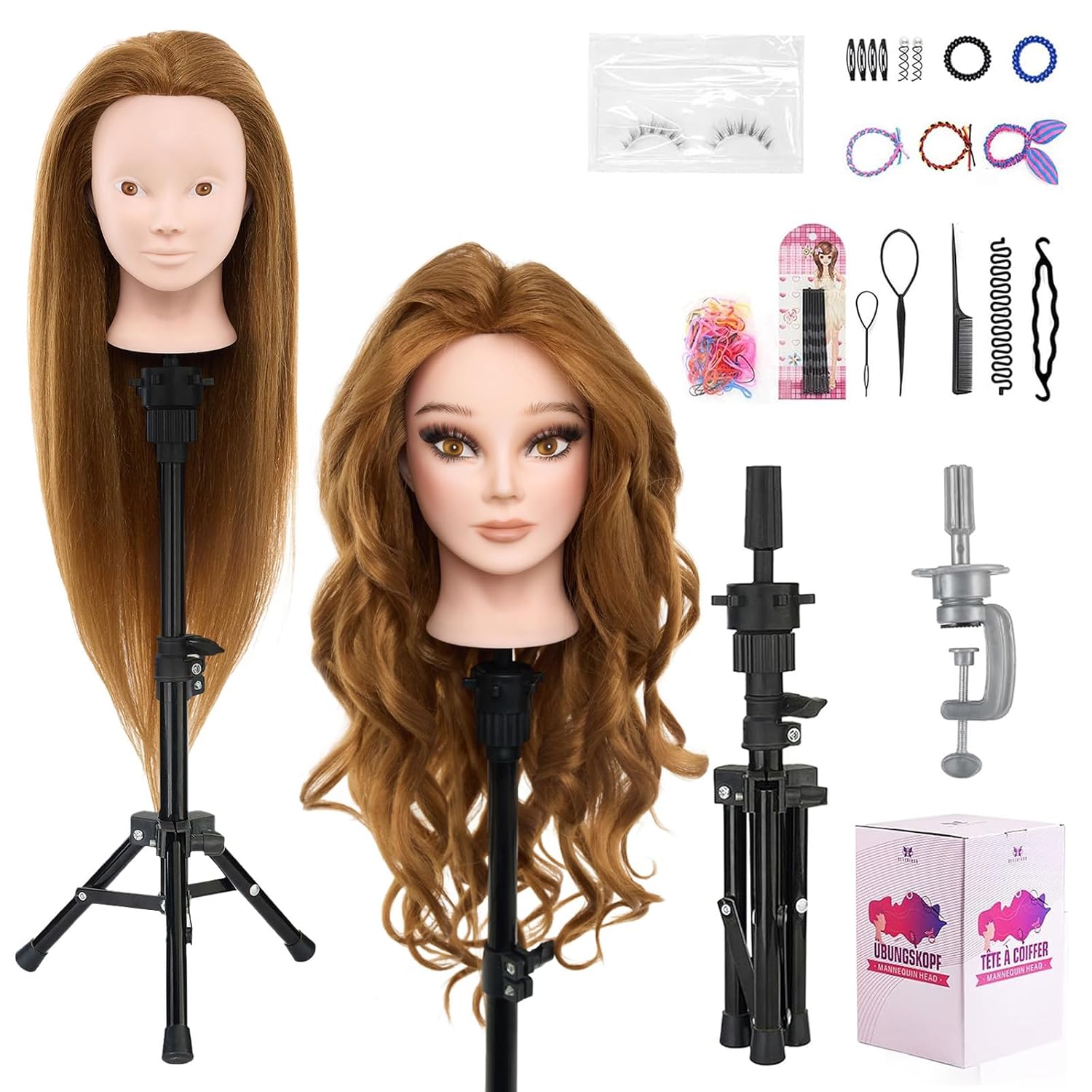 Mannequin Head with 80% Real Human Hair with Tripod Stand 28" Makeup Head