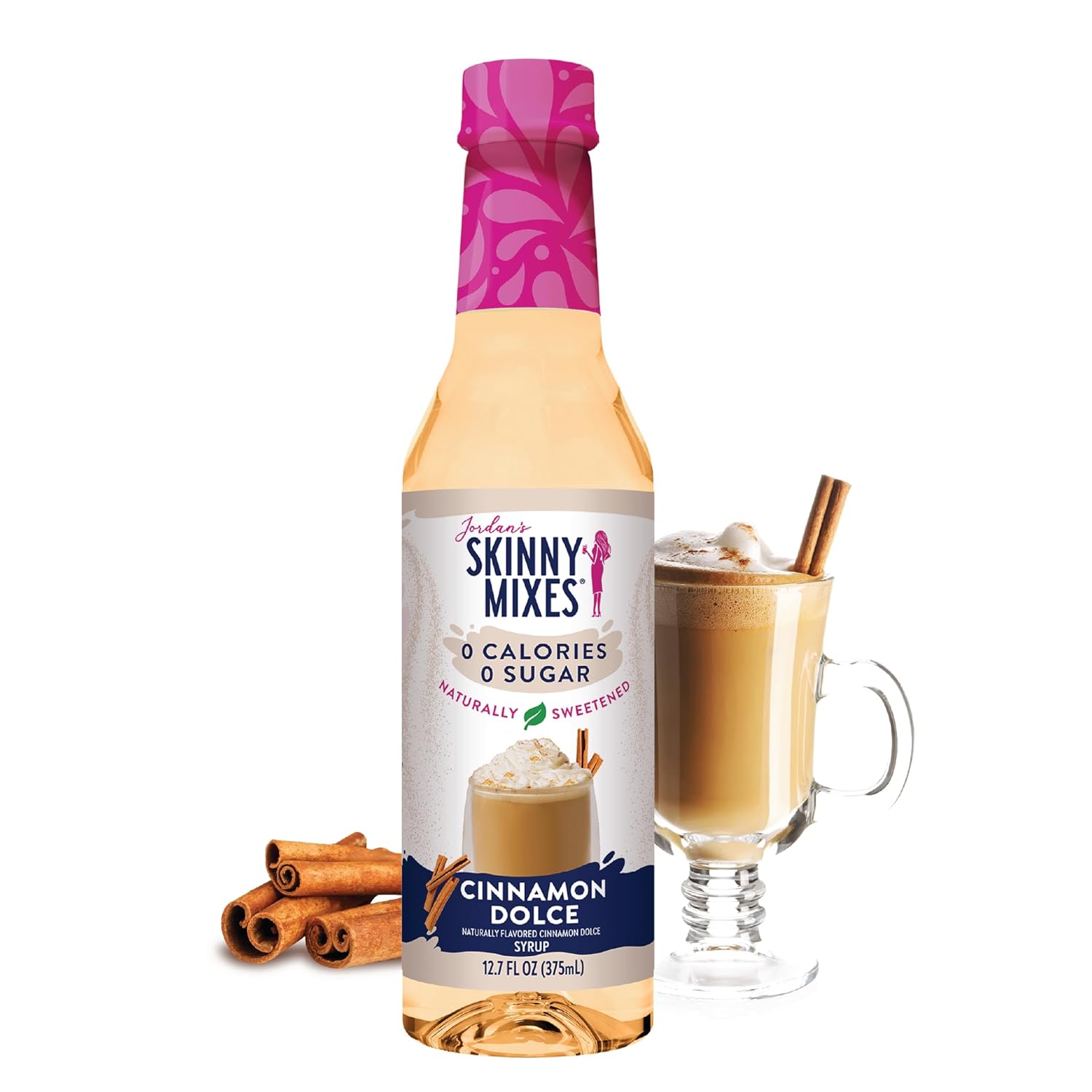 Jordan's Skinny Syrups Sugar Free Syrup, Cinnamon Dolce Syrup, 12.6 oz, Zero Sugar and Zero Calorie Flavoring for Coffee, Protein Shake, Cocktail or Mocktail Drinks and More, Naturally Sweetened Line