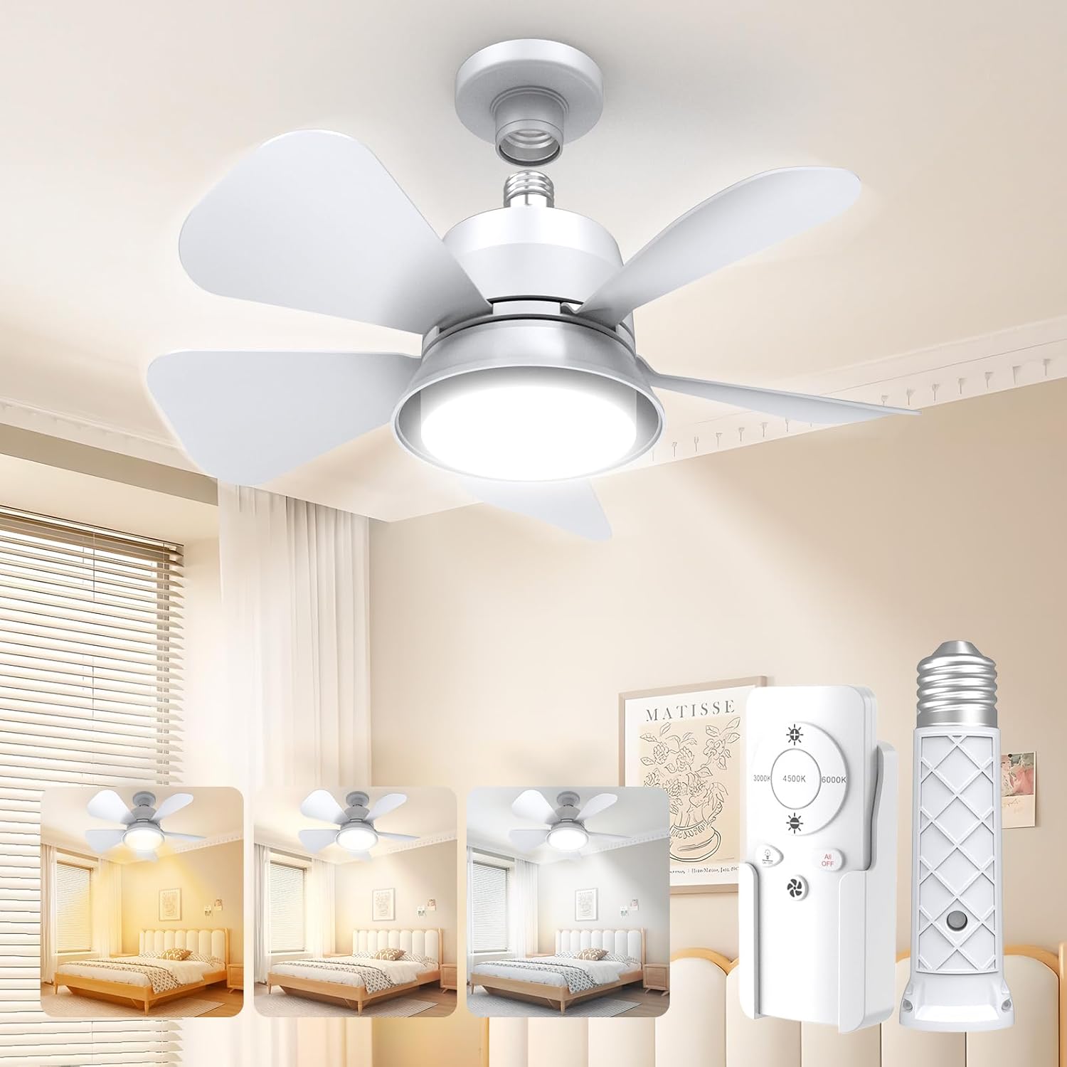 Socket Fan Light Ceiling Fans with Lights and Remote, Ceiling Fan Light 3000K-6000K 3 Colors Dimmable, Socket Breeze Ceiling Fan, 1000 Lumens LED Ceiling Fans for Bedroom Garage Kitchen