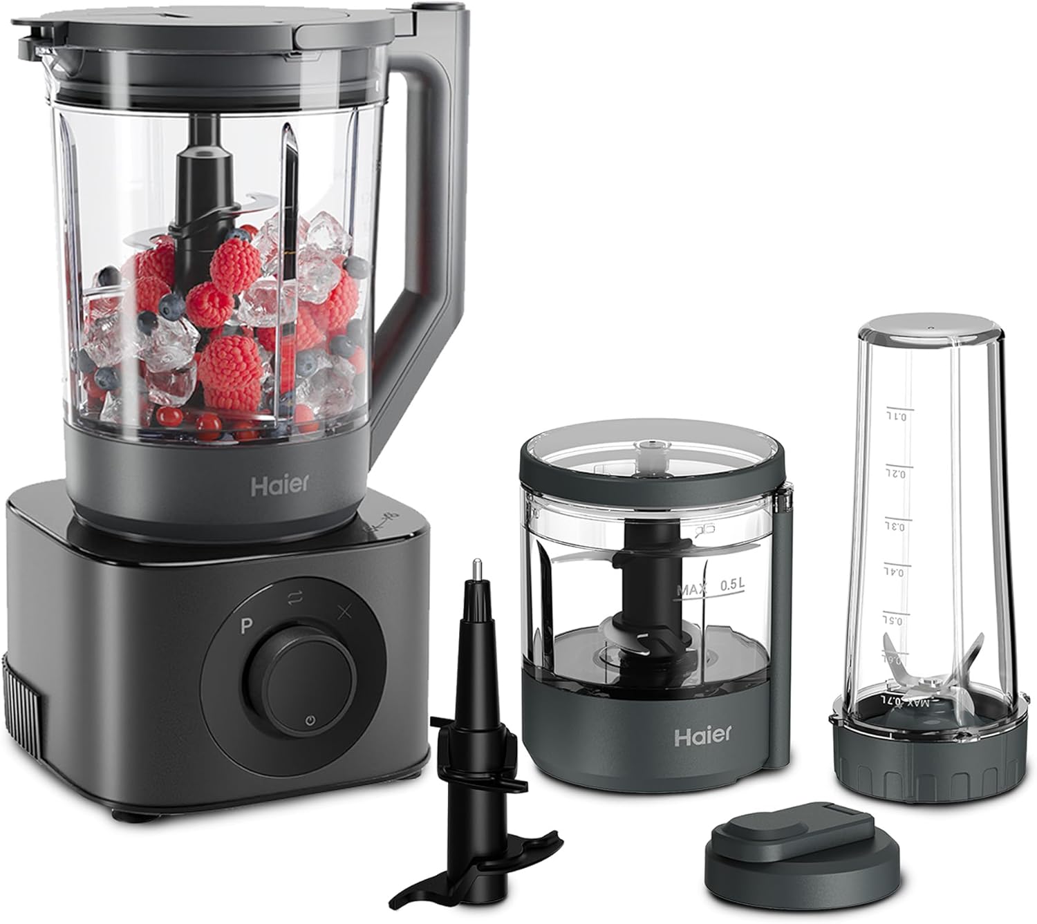 Haier Series 7 Kitchen Machine Food Blender, 6 Automatic Programs: Chop, Blend, Ice Crush, Cream, Knead & PreClean, 10 Speeds, Pulse, Includes Jug, Chopper Bowl & Travel Jug, 1200W [Grey]