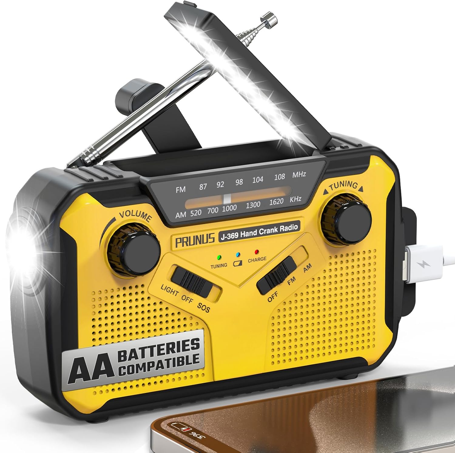 Wind Up Radio, PRUNUS J-369 Survival Equipment, AM/FM Portable Radios, Battery Radio with 3000mAh Power Bank, Solar Radios with Torch, Reading Lamp and SOS Alarm for Camping and Emergencies (Yellow)