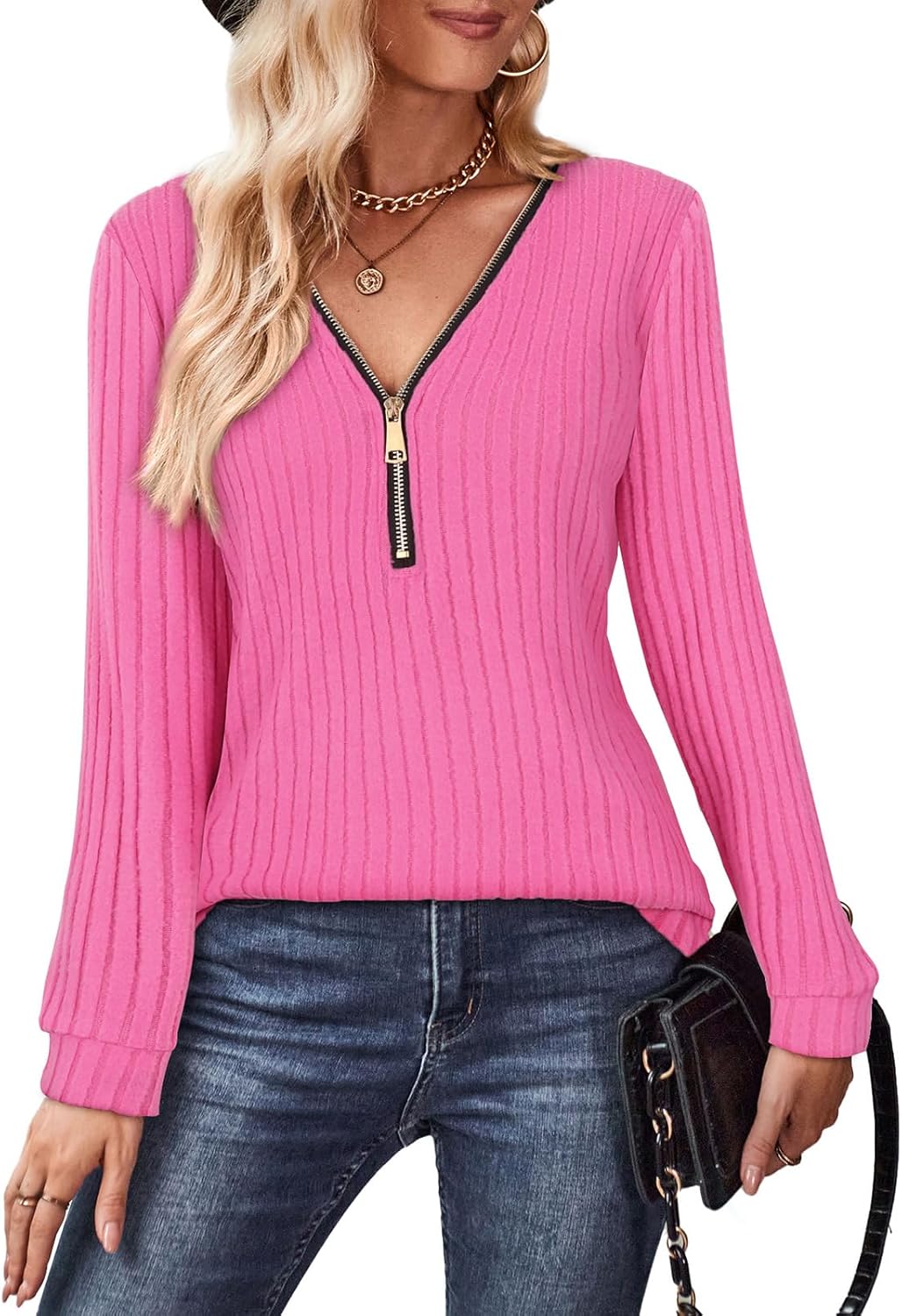 Gemulate Womens Long Sleeve Tops Ladies Lightweight Knit Jumpers V Neck Zipper Sweaters Casual Striped Sweatshirts Tshirt