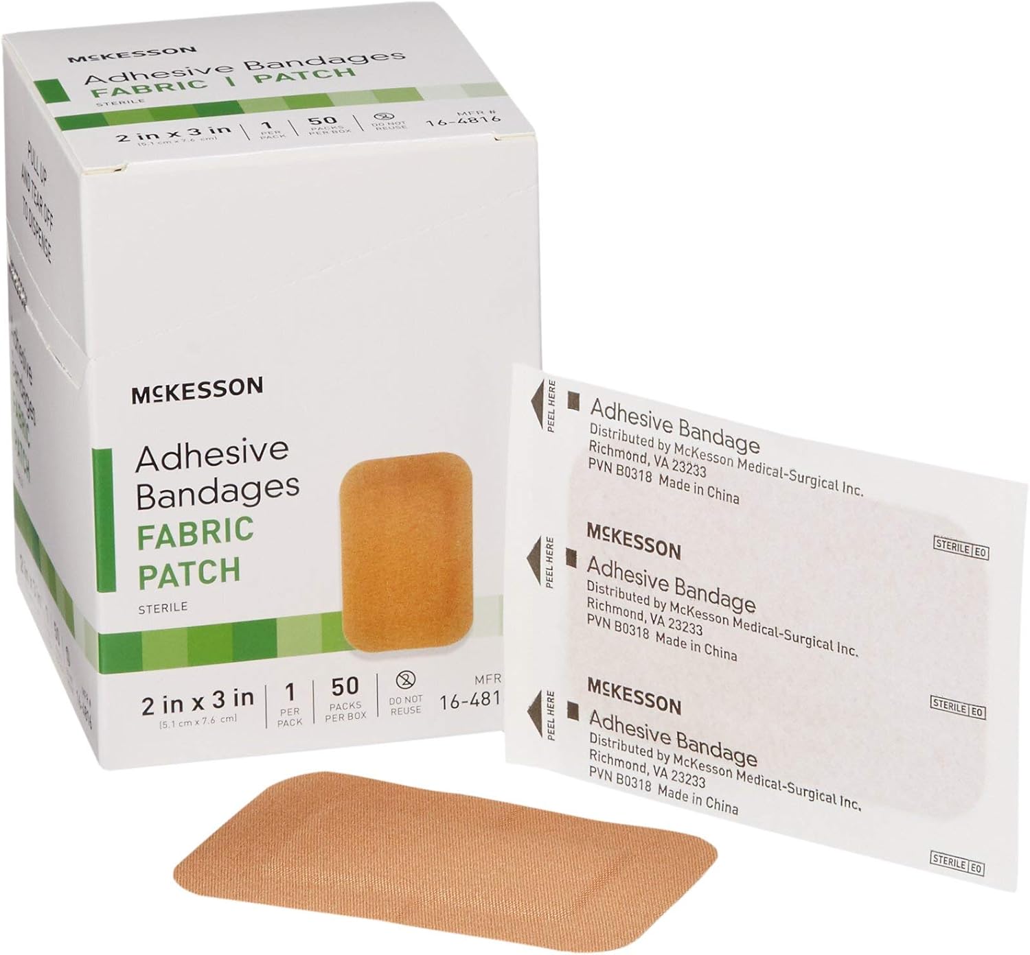 McKesson Adhesive Bandages, Sterile, Fabric Patch, 2 in x 3 in, 50 Count, 1 Pack