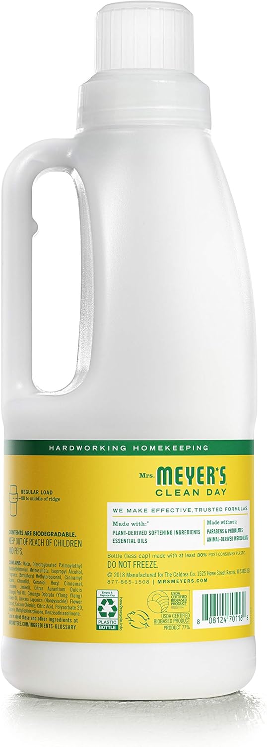 MRS. MEYER'S CLEAN DAY Liquid Fabric Softener, Infused with Essential Oils, Paraben Free, Honeysuckle, 32 oz (32 Loads)