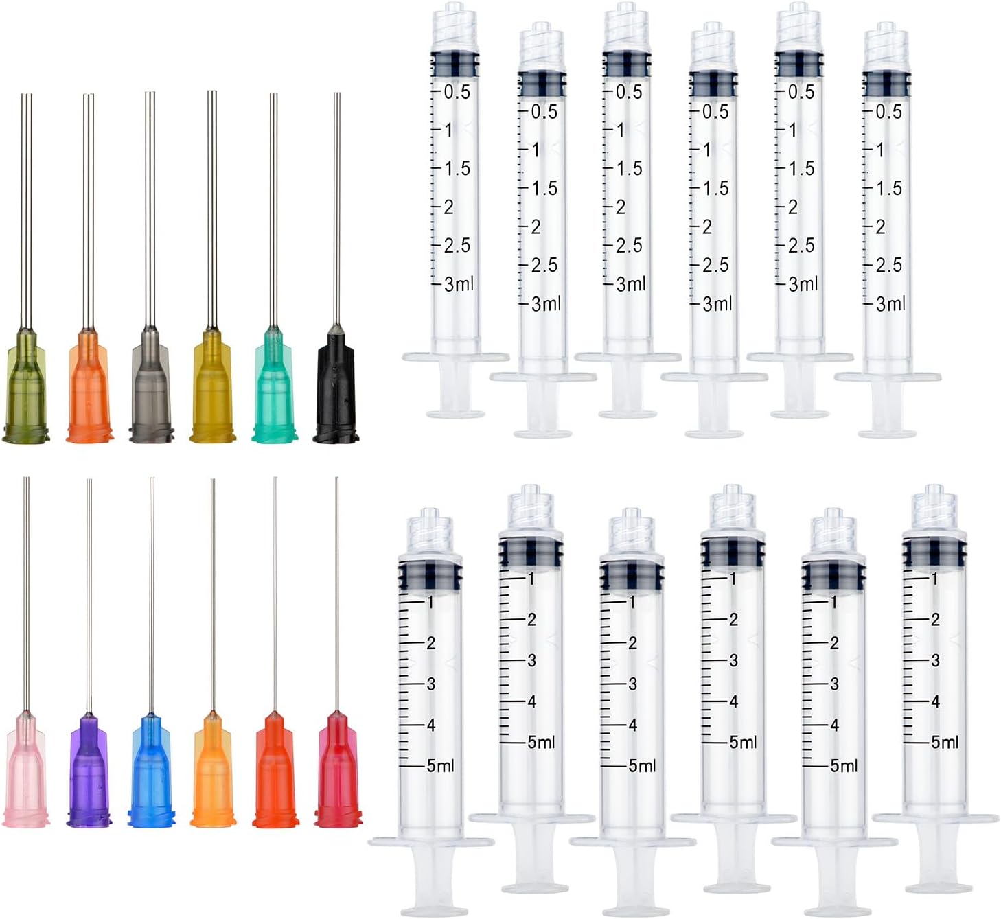 12Pack 3ML 5ML Plastic Syringe with Measurement Marks and Blunt Stainless Needle Tip Set (14 15 16 17 18 19 20 21 22 23 24 25 Ga), for Precise Glue/Paint/Oil/Epoxy Resin Application, Industrial Dispensing and Liquid Measuring