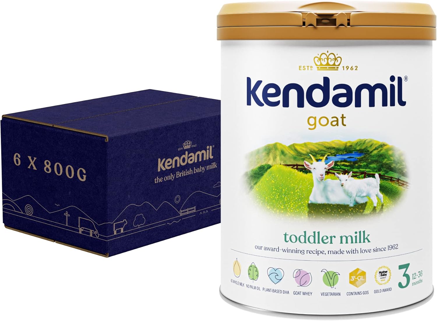 (6x800g) Kendamil Goat Toddler Milk, Stage 3 – British Made, Goat Whole Milk Formula – With HMOs, With A2, No Palm Oil, No Fish Oil, No SOYA, No GMOs