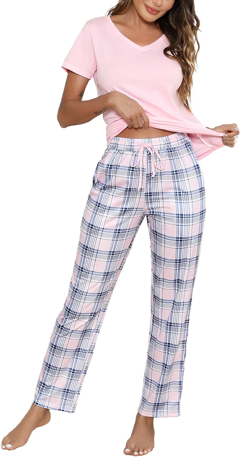 Litherday Women's Pyjamas Set Short Sleeve Cotton Pjs Loungewear Soft Nightwear Sleepwear Set with Pockets