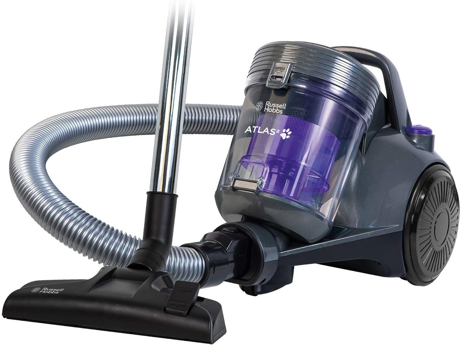 Russell Hobbs Cylinder Vacuum Cleaner ATLAS2 PET 2.5 Litre Grey & Purple with 3 in 1 Multi-Tool, Triple Dust Lock 700W High Efficiency Motor, PET Turbo Tool, 2 Year Guarantee RHCV3601