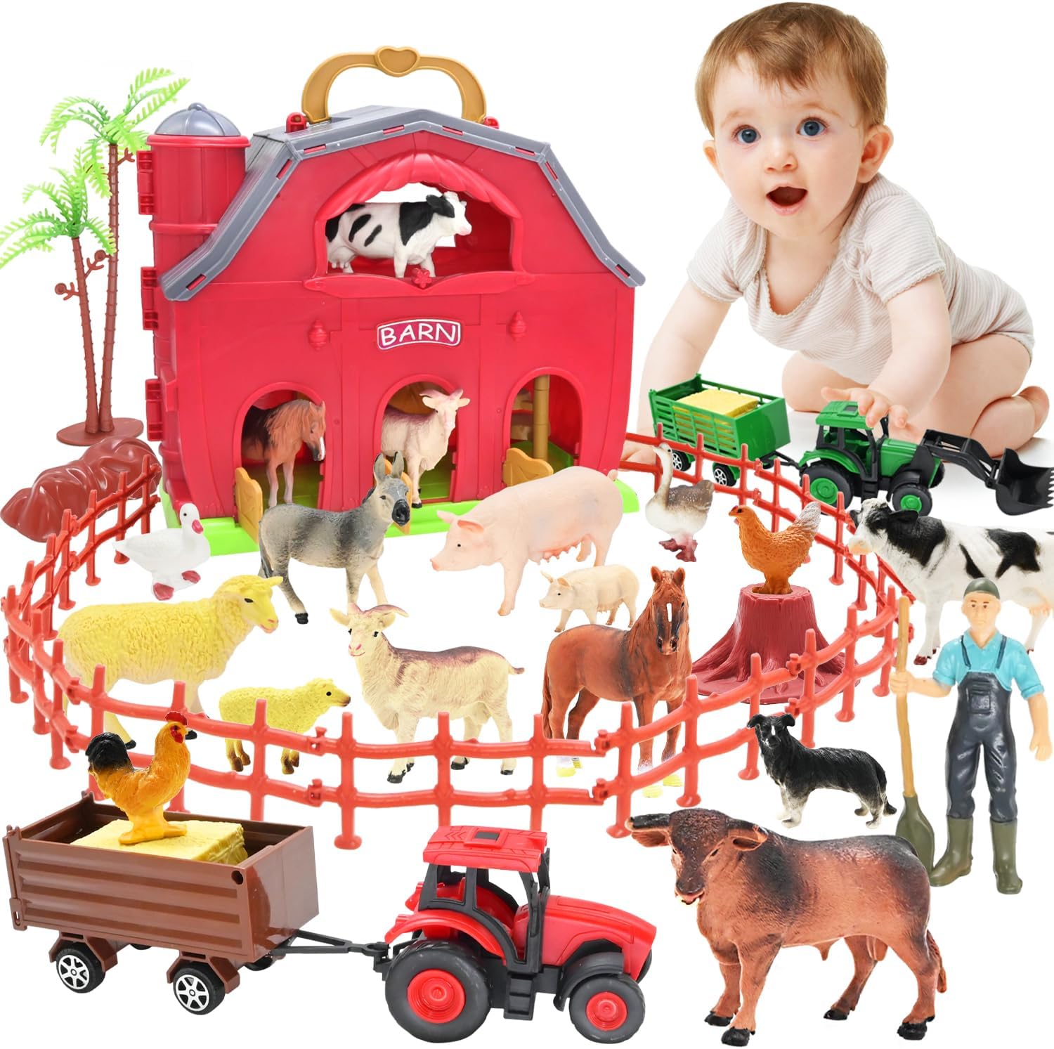 Farm Animals Big Red Barn Toy for 1 2 3 4 5 Years Old Toddlers, Kids Farm Figures Fence Playset with Tractor, Preschool Montessori Learning Toys, Christmas Birthday Easter Gift for Boys Girls