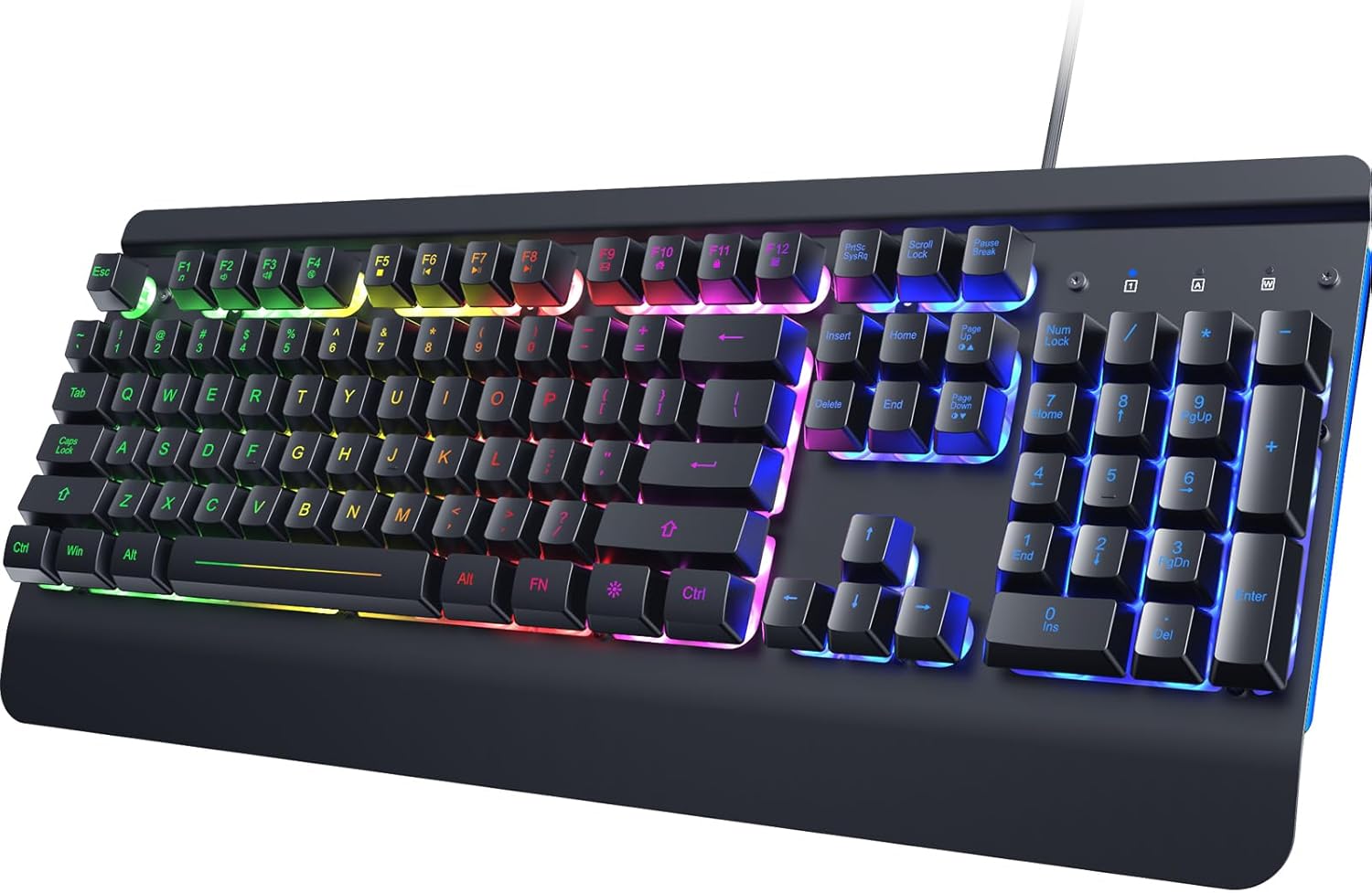 RisoPhy Gaming Keyboard, 104 Keys All-Metal Panel, Rainbow LED Backlit Silent Computer Keyboard, Wrist Rest, Multimedia Keys, Anti-Ghosting, Waterproof Light Up Wired Keyboard for PC Mac Gamer