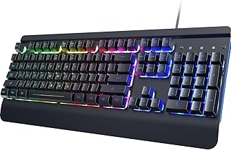 RisoPhy Gaming Keyboard, 104 Keys All-Metal Panel, Rainbow LED Backlit Silent Computer Keyboard, Wrist Rest, Multimedia Keys, Anti-Ghosting, Waterproof Light Up Wired Keyboard for PC Mac Gamer