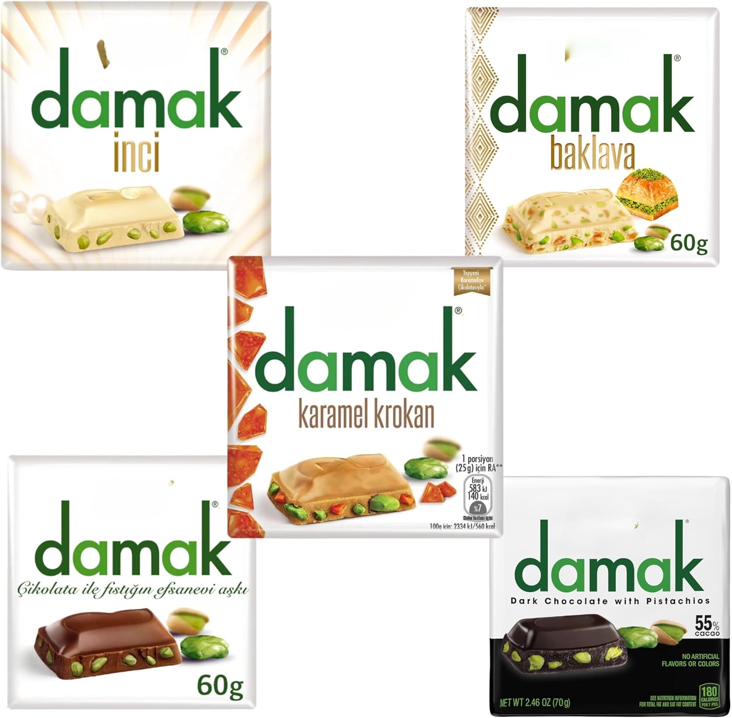 Damak Pistachio Baklava 60g – Sweet Multipack in Dark, Milk & White Chocolate - Pistachio Chocolate Bars 5 Count