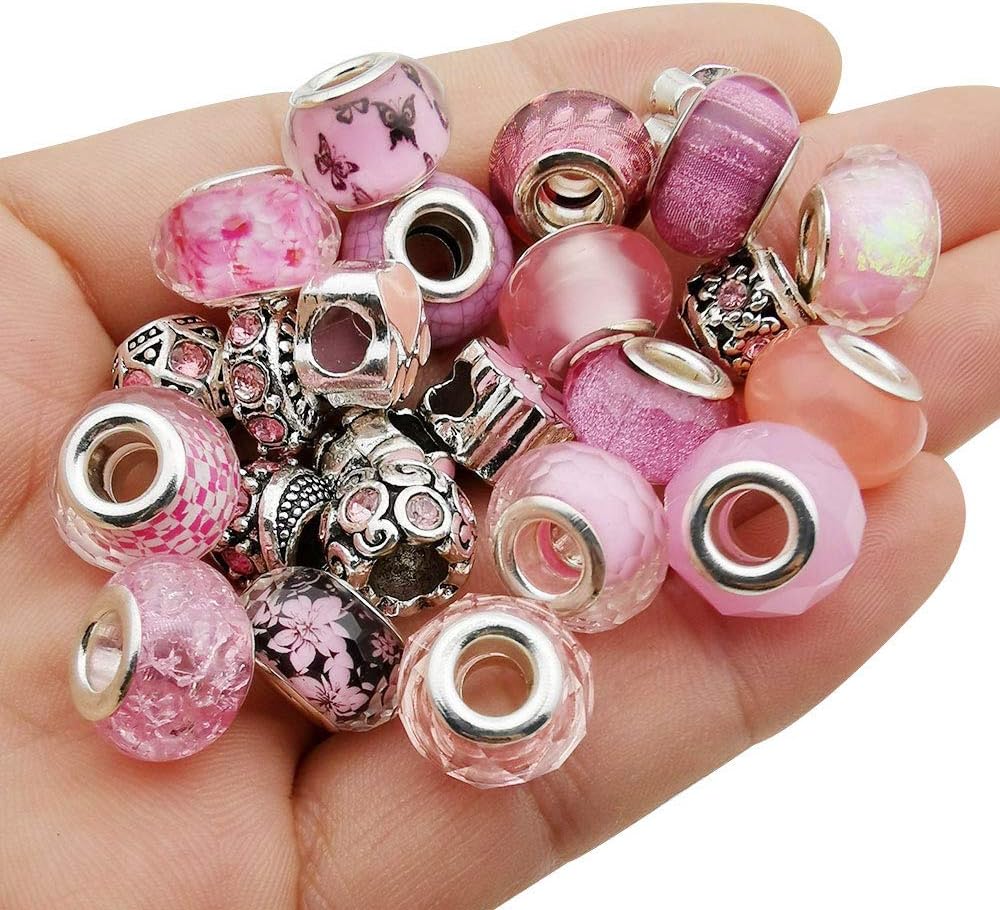 50pcs Assorted Pink Resin Imitation Glass European Large Hole Beads Rhinestone Metal Spacer Charms Bead Assortments for DIY Crafts Bracelets Necklaces Jewelry Making (M567-Pink)