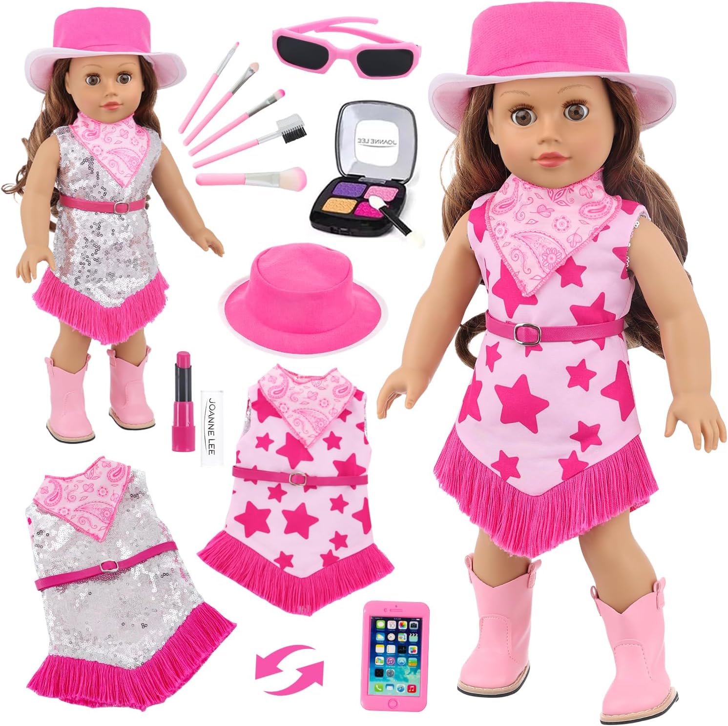 K.T. Fancy American 18 Inch Doll Clothes and Western Cowboy Style Reversible Dress Beauty Set Set Includes Cowboy Hat Lipstick Reversible Dress and Other Accessories