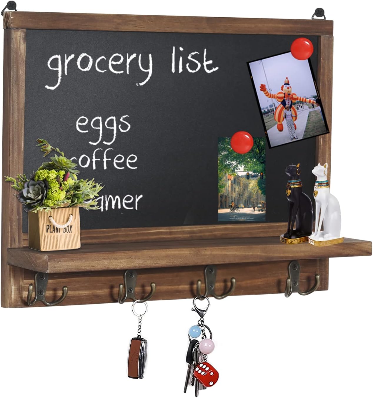 UNHO Wall Mounted Chalkboard with Hooks, 42x30cm Kitchen Blackboard Memo Board Family Message Board Rustic Wooden Frame Chalkboard Sign with Shelf and 4 Metal Hooks for Keys Hats Coats