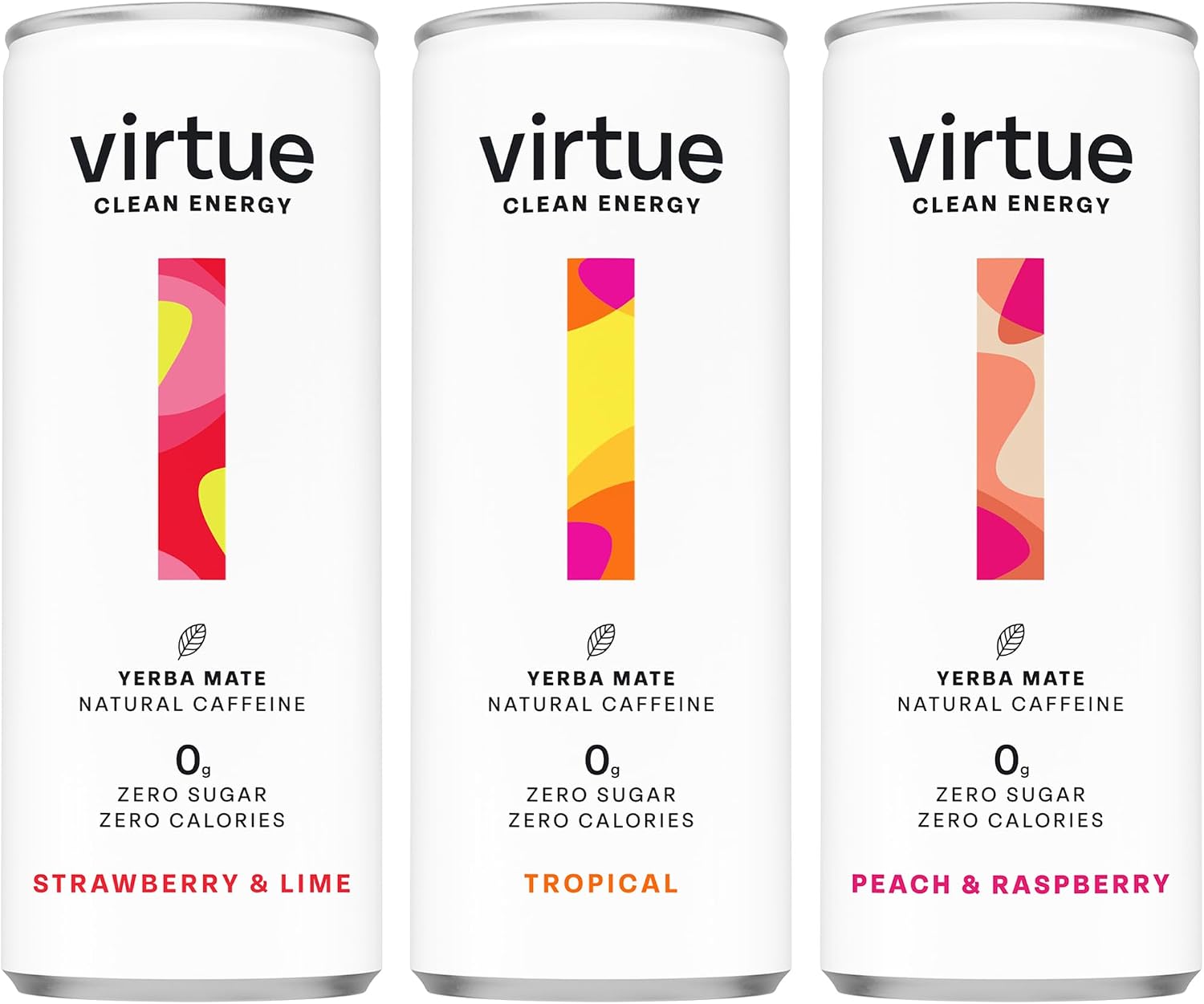 Virtue Clean Energy Mixed Pack - 12 x Yerba Mate Natural Energy Drinks - Sugar Free, Zero Calories, Vegan (12 x 250ml) [Strawberry & Lime, Tropical, Peach & Raspberry]
