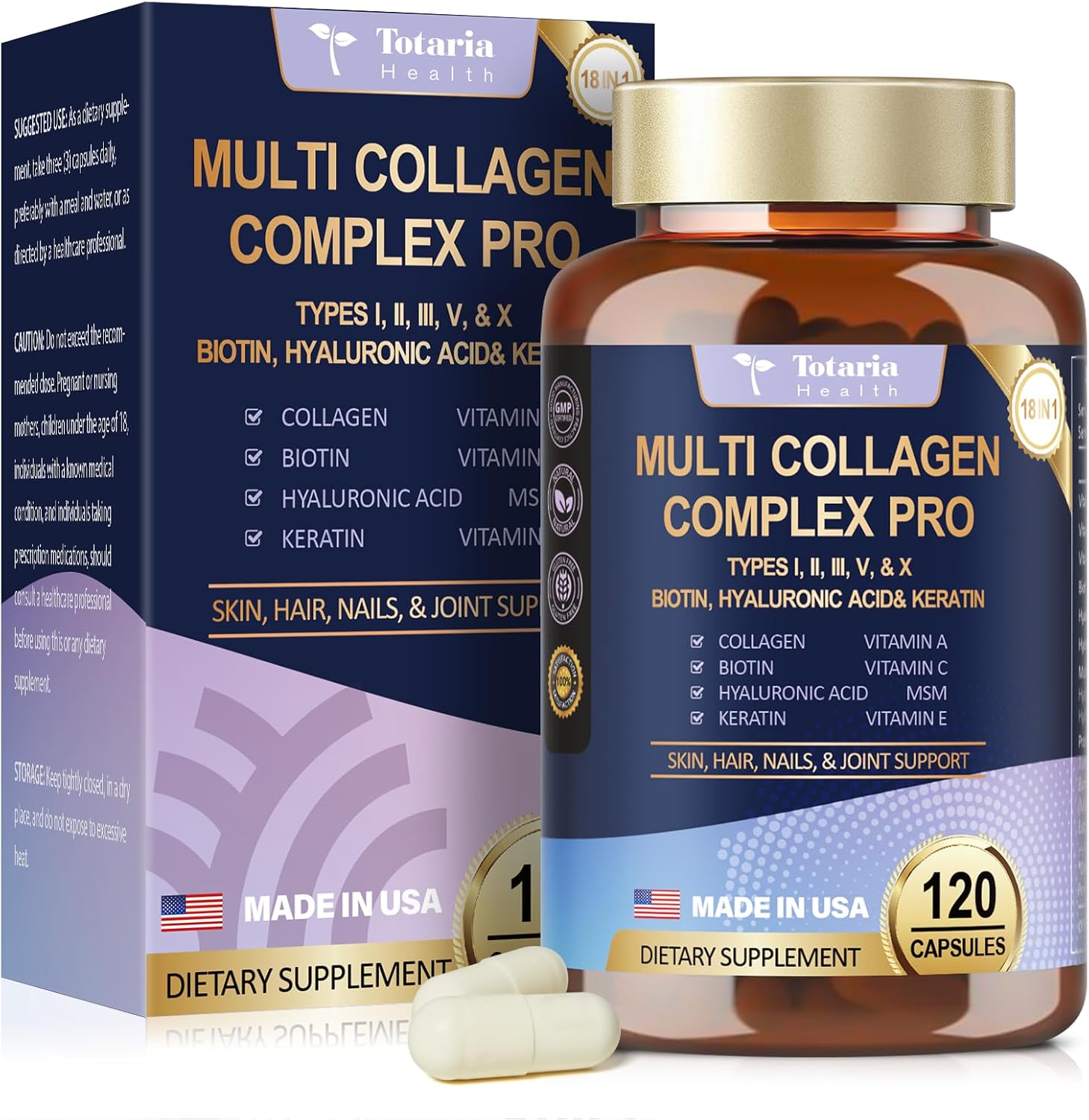 18-in-1 Collagen Pro with Hyaluronic Aicd, Keratin, Biotin, VIT A C & E for Skin, Hair, Nails, Joint & Beauty - Multi Collagen Peptides Capsules with Type I II III V & X for Women & Men - 120 Caps