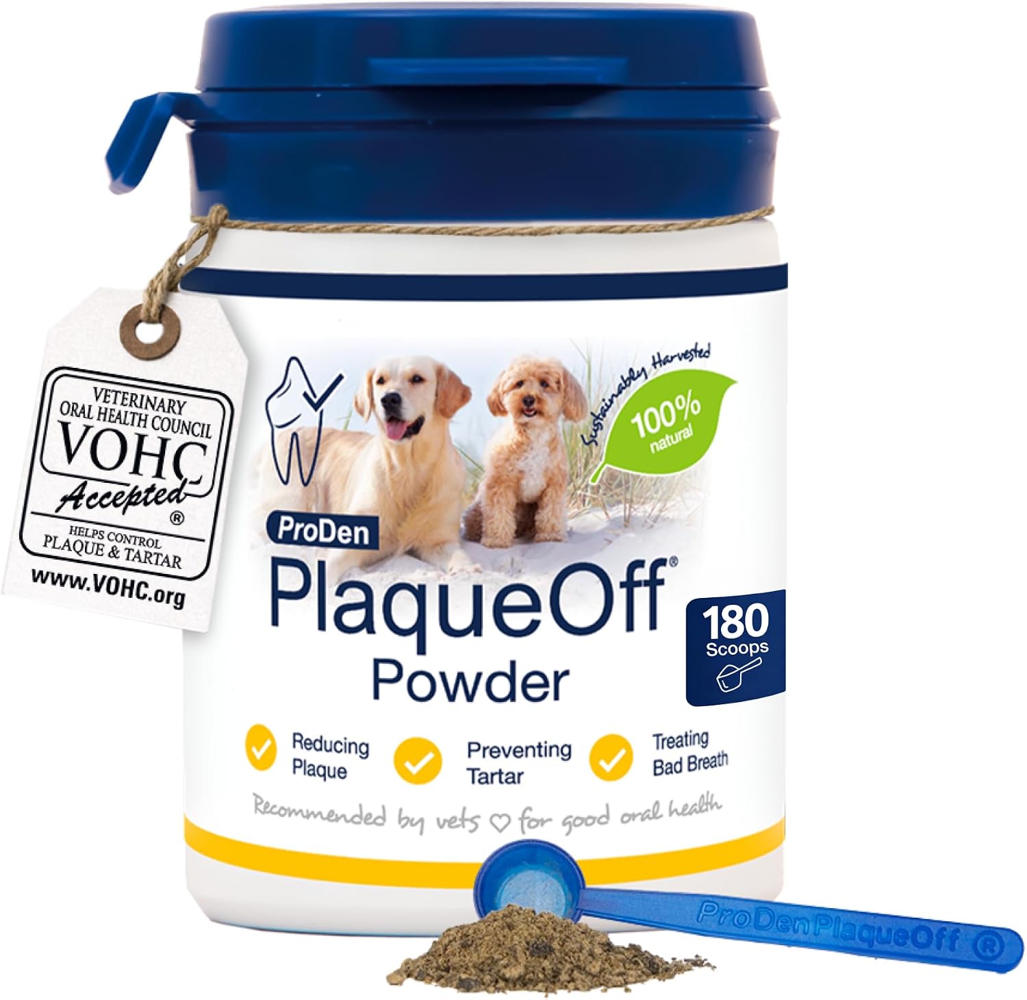 ProDen PlaqueOff Powder for Dogs & Cats, Tartar & Bad Breath Remover 100% Natural Teeth Cleaner and Plaque Remover 60 g | VOHC Accepted, Clinically Proven, Vet Recommended, Organic Seaweed, Removes Bad Breath, PlaqueTartar Build-up, Formation