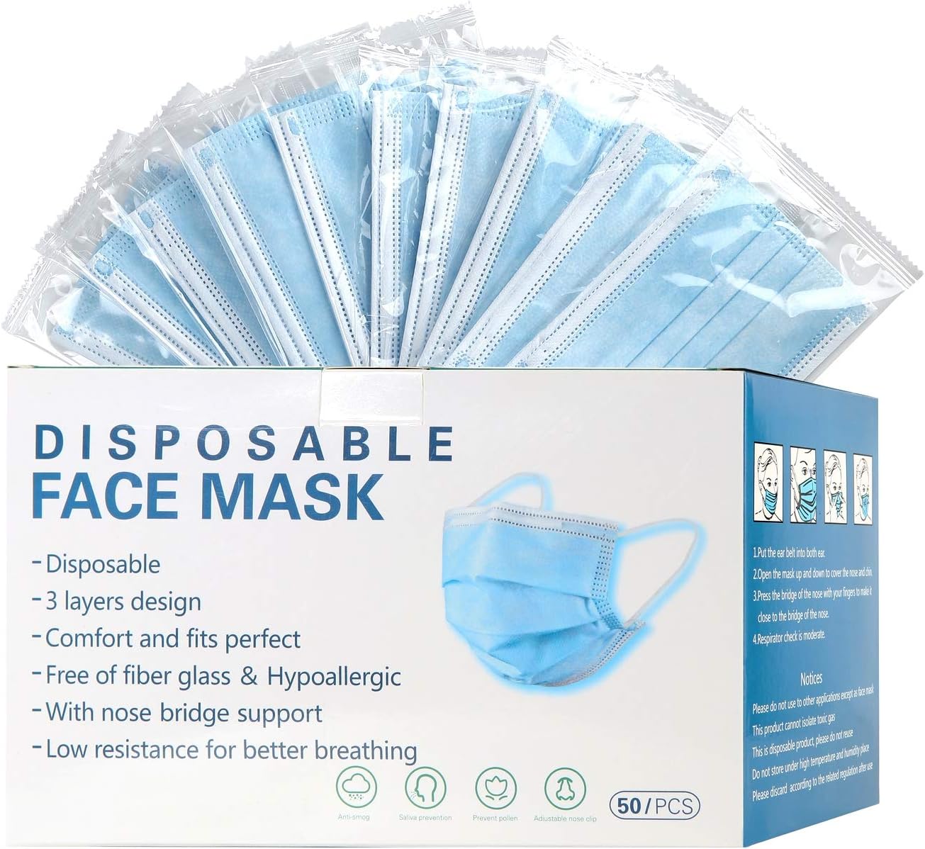 Disposable Face Mask 50 Pack Individually Packaged Wrapped Protection For Adults 3-layer Filter Safety Face Masks