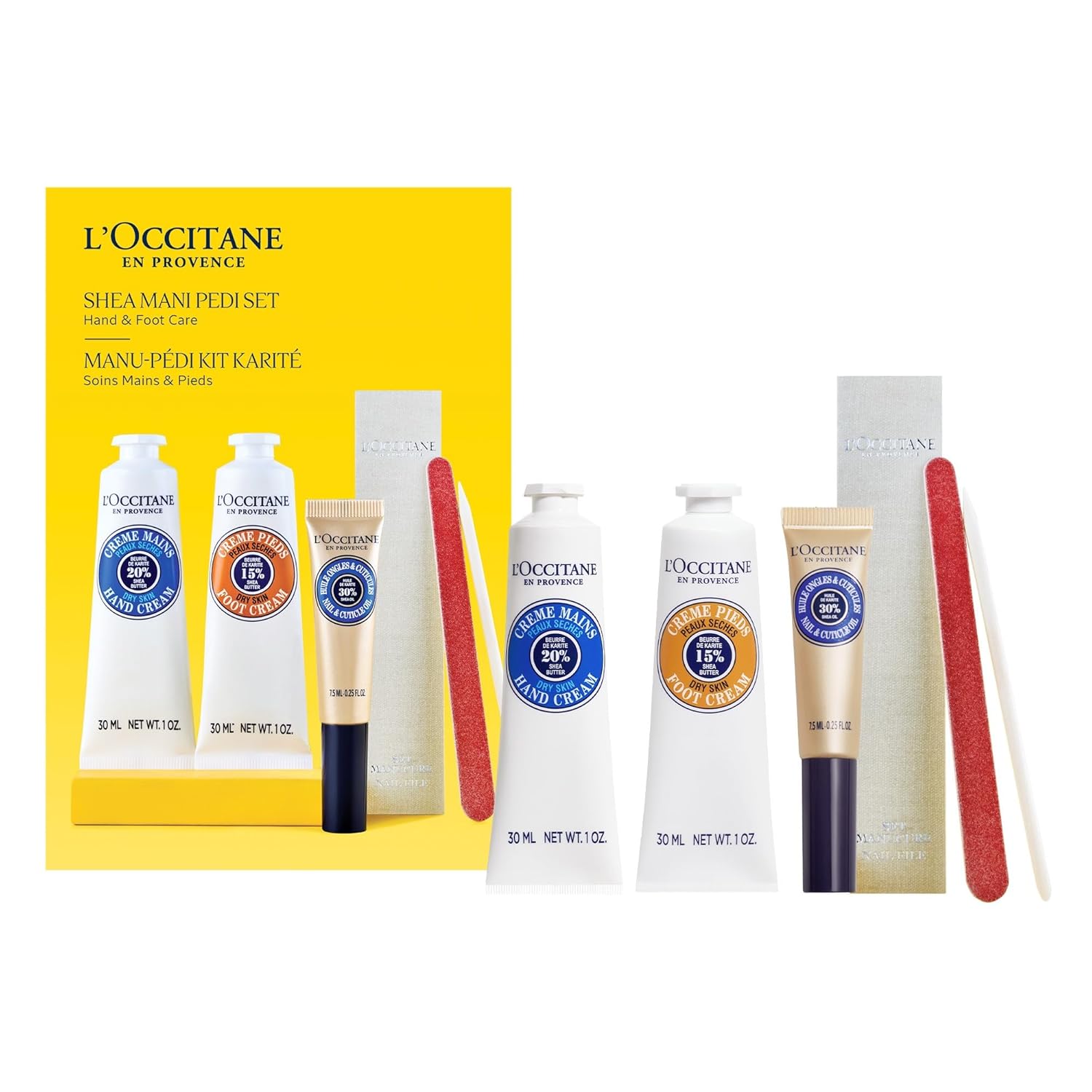 L'Occitane Shea Mani Pedi Set: Soften, Moisturize and Comfort Skin, Set Includes Shea Butter Hand Cream, Foot Cream, Nail & Cuticle Oil, Gift Set