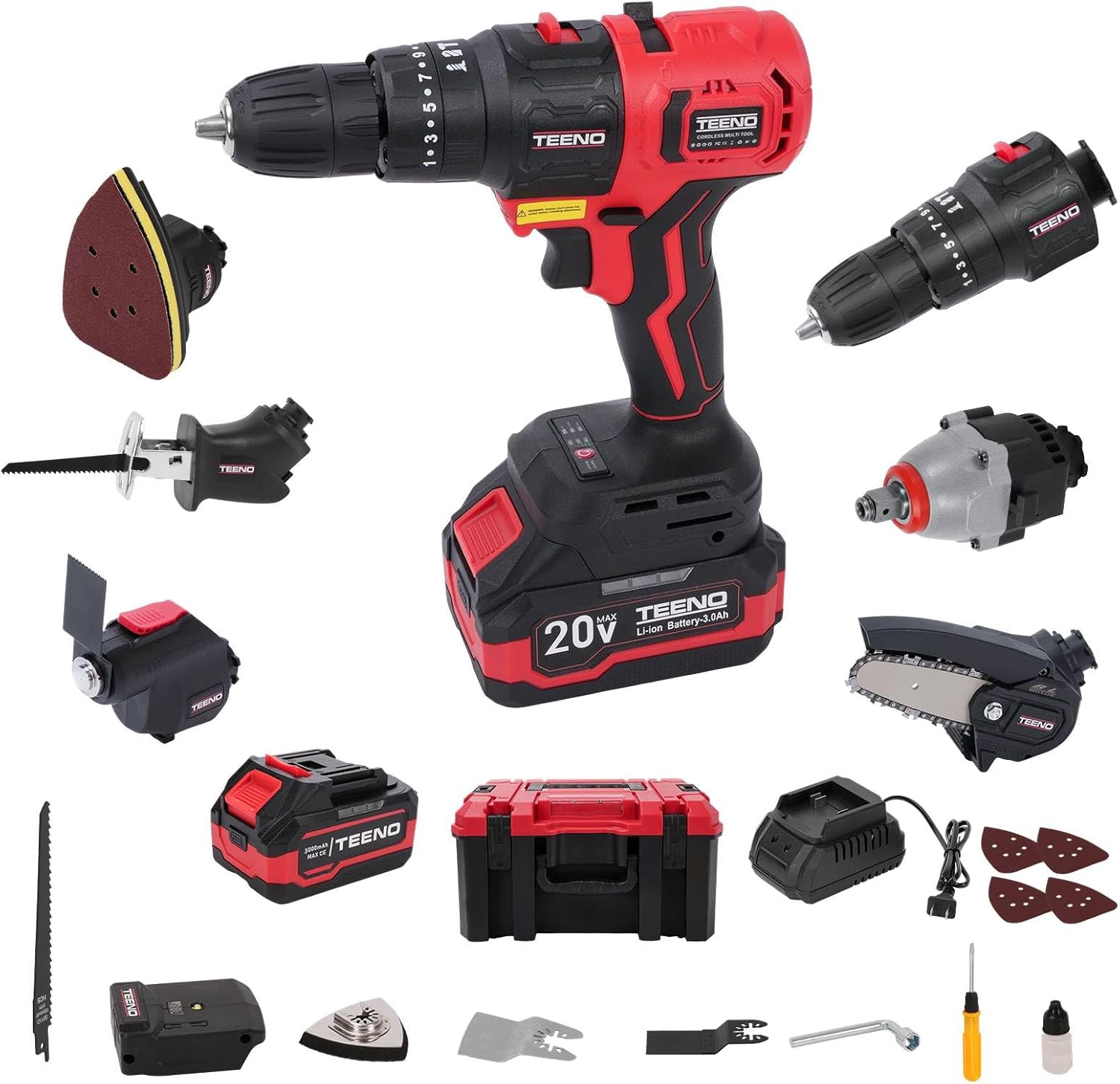 Cordless Combo Kit 20V, 8-in-1 Cordless Multi-tool with Case, Drill, Recip saw, Chain Saw, Impact wrench, Oscillating Tool, Sander with Accessories, 3.0Ah Lionthium Battery and Charger