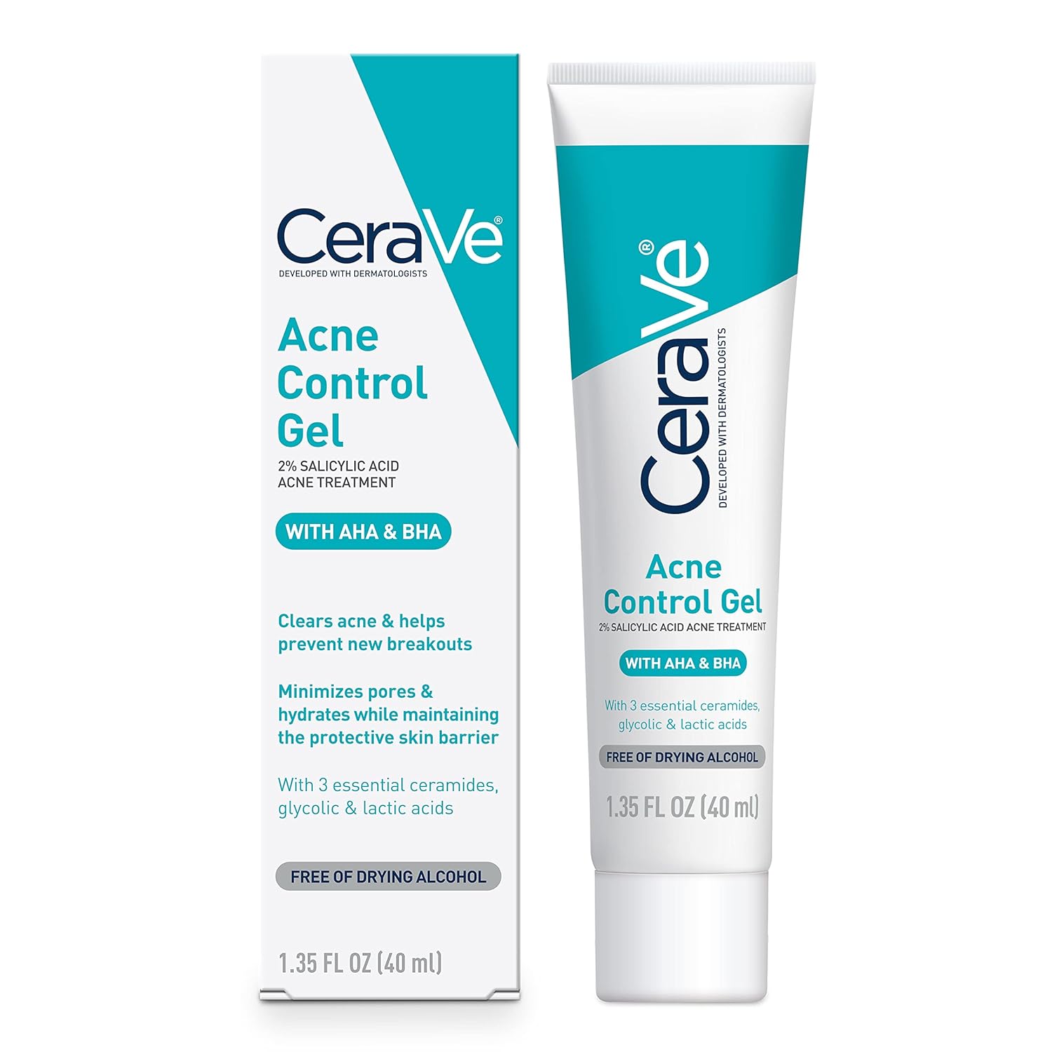 CeraVe Acne Control Gel, 2% Salicylic Acid Treatment With Glycolic Acid + Lactic Acids + Niacniamide, Acne Gel Helps Clear Blemishes Without Over Drying, Alcohol Free & Oil Free, 1.35 Fl Oz