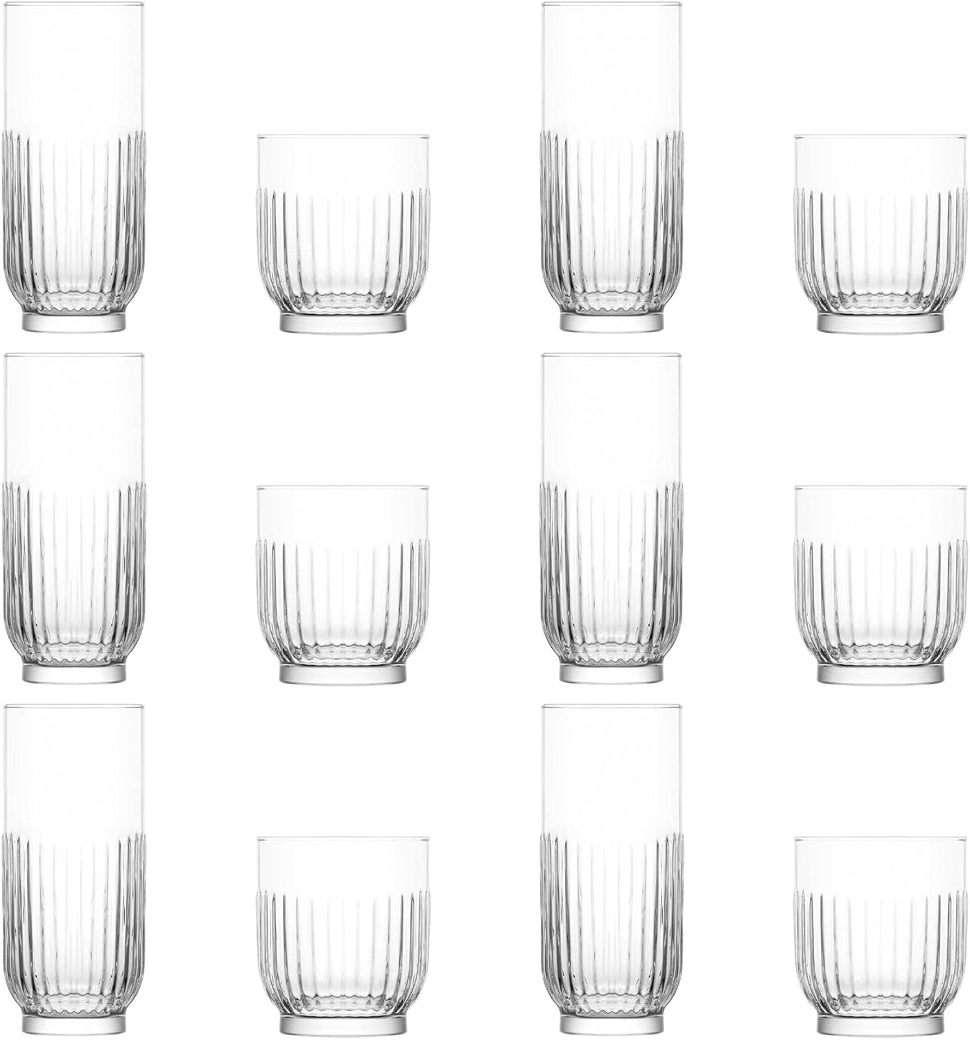 LAV 12pc Clear Tokyo Glassware Set - Mixed Glass Highball Cocktail Gin Glasses and Water Whiskey Drinking Tumblers