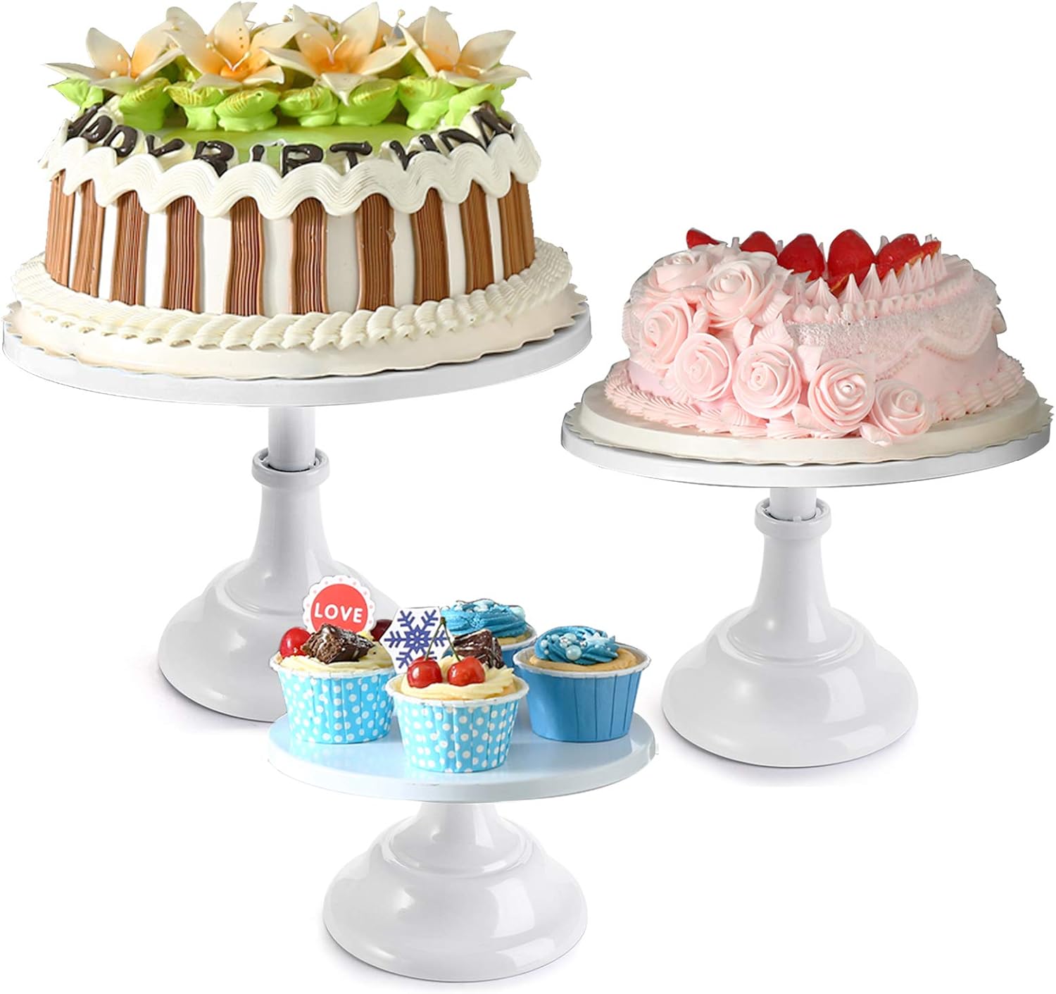 yarlung 3 Pack Metal Cake Stands, 8/10/12 Inch Pillar Style Cupcake Display Stand Dessert Trays for Wedding, Party, Birthday, Gatherings, White