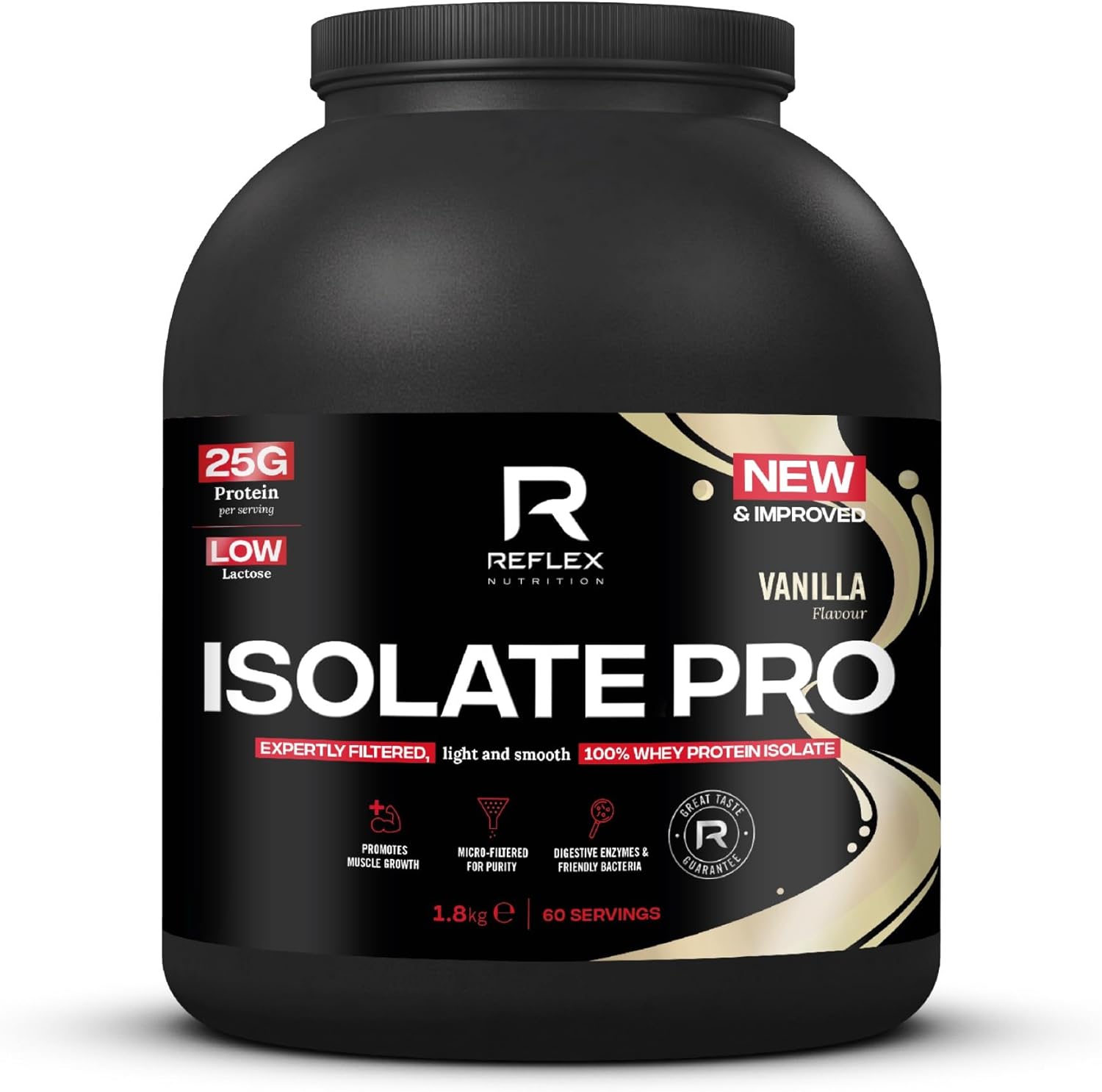Reflex Nutrition Isolate Pro - 83% Premium Protein from Whey Isolate Protein Powder - Fast Absorption, Low Lactose, Low Fat, Low Sugar Protein Shake - Muscle Gain (Vanilla, 1.8kg, 60 Servings)